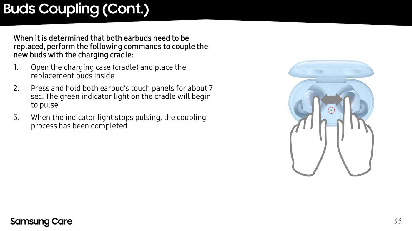 Both hands pressing and holding both Galaxy Buds earbuds' touch panels inside the open case