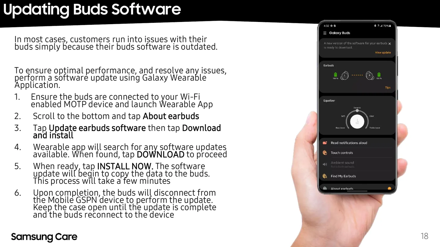Galaxy Wearable app showing the earbuds screen with a software update notification