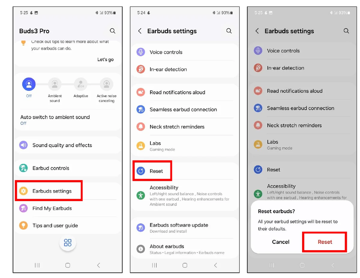 Galaxy Wearable app: Earbuds settings screen, Reset option, and the Reset earbuds confirmation dialog