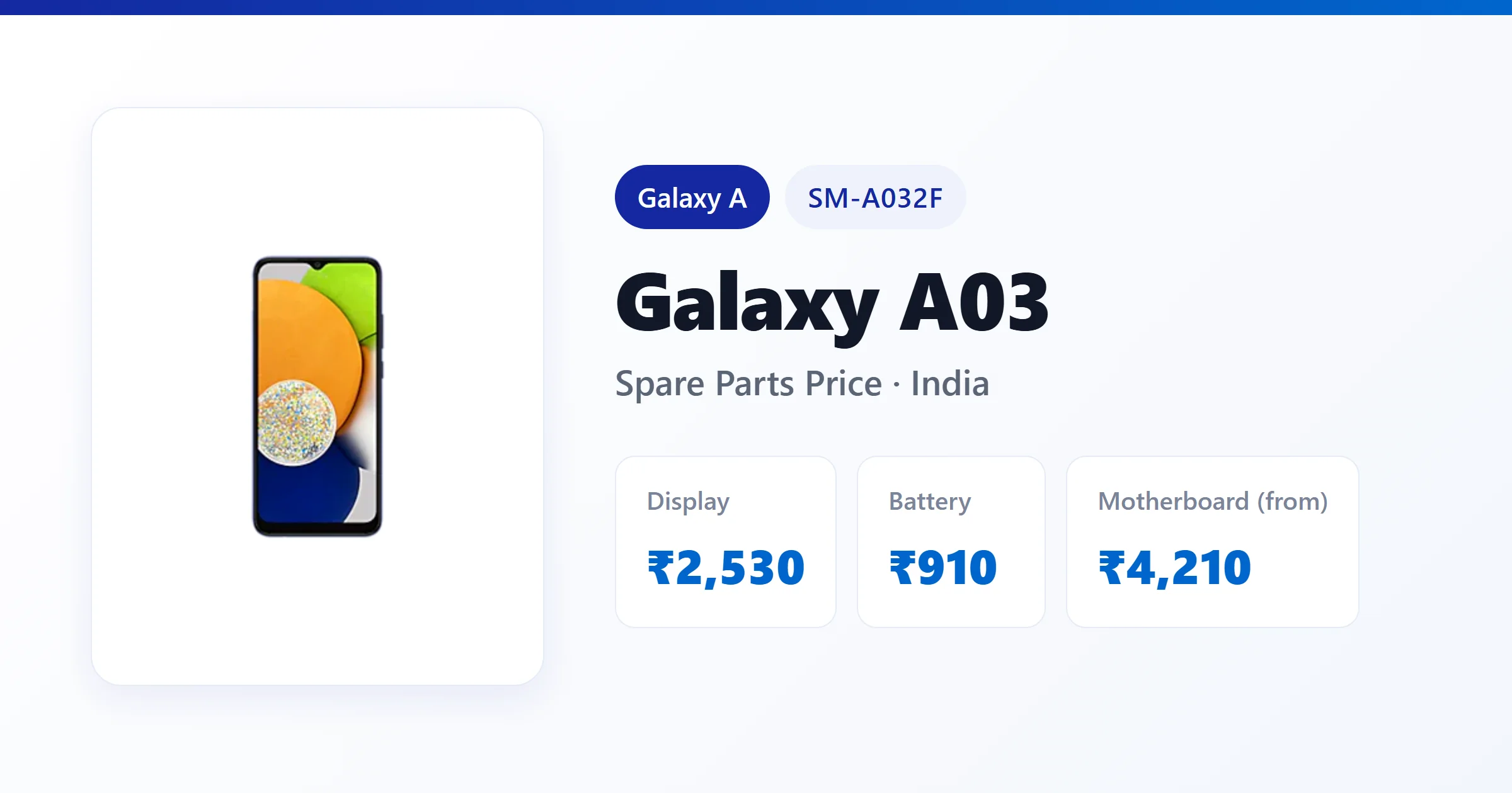 Galaxy A03 (SM-A032F) spare parts price in India — display, battery and motherboard replacement cost