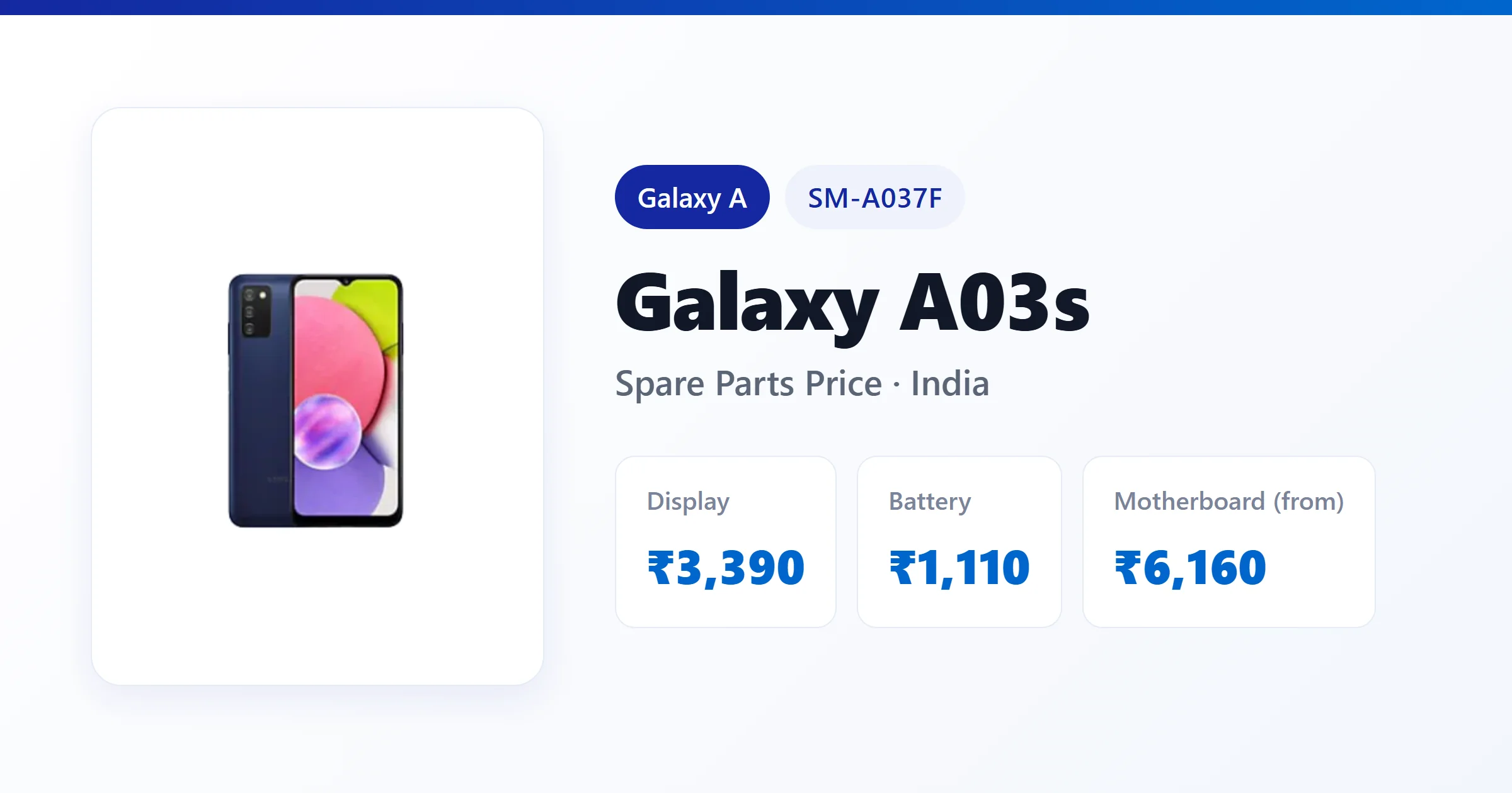 Galaxy A03s (SM-A037F) spare parts price in India — display, battery and motherboard replacement cost