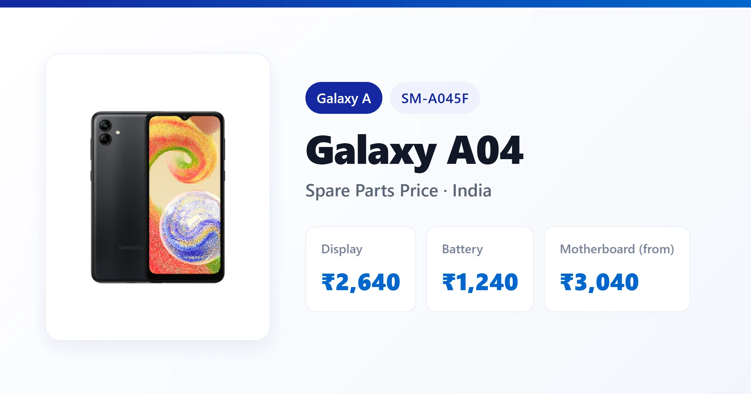 Galaxy A04 (SM-A045F) spare parts price in India — display, battery and motherboard replacement cost