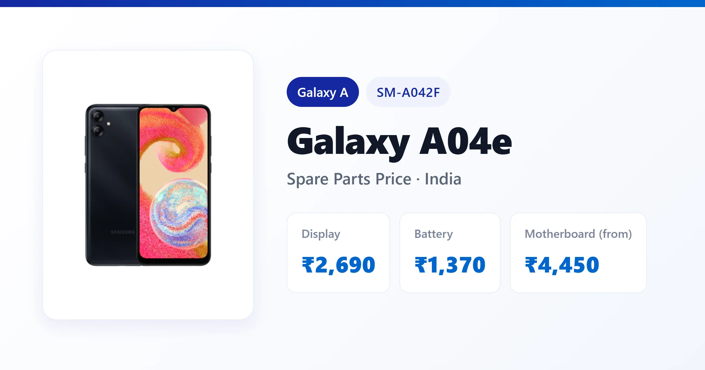 Galaxy A04e (SM-A042F) spare parts price in India — display, battery and motherboard replacement cost