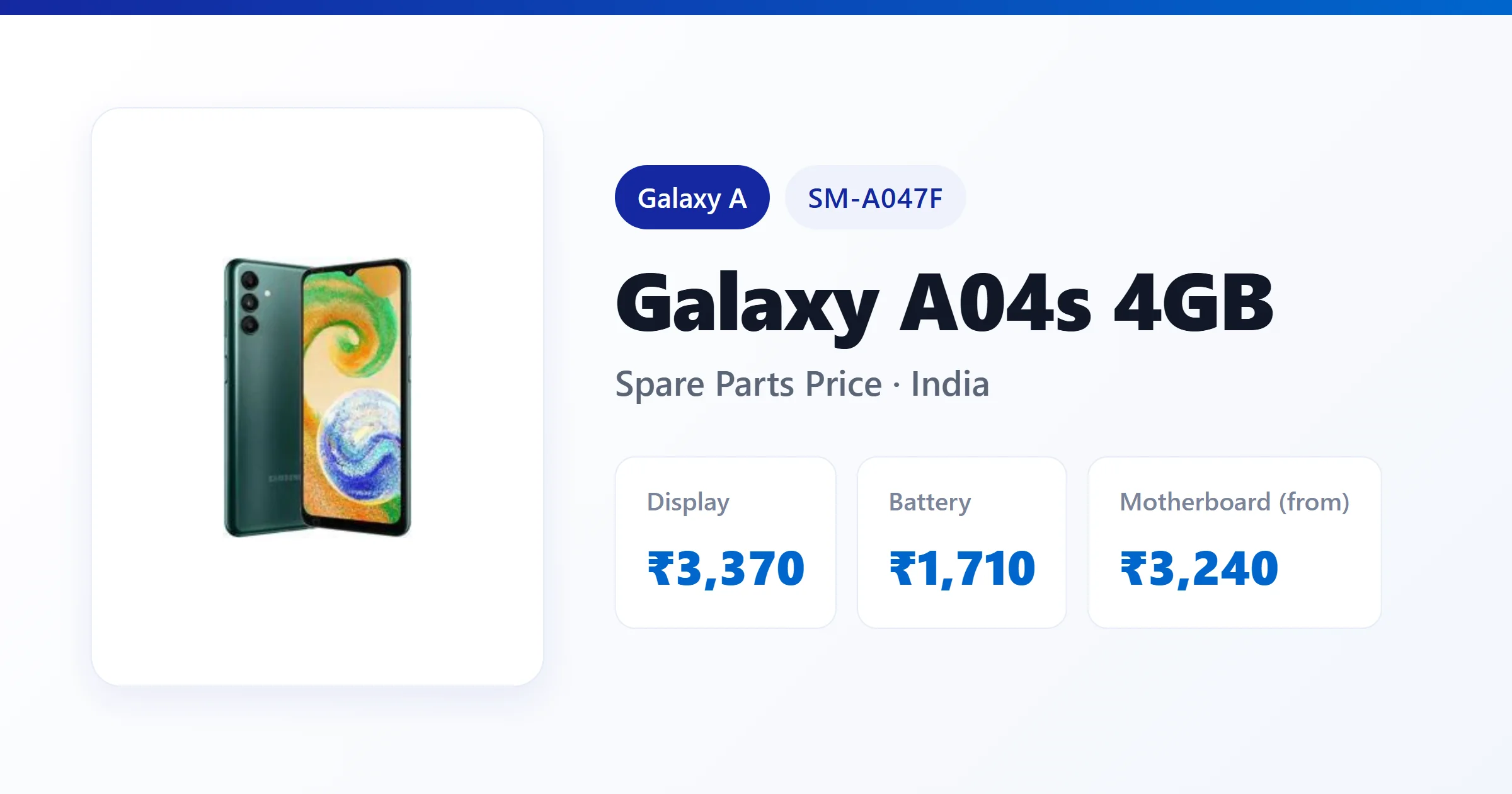 Galaxy A04s 4GB (SM-A047F) spare parts price in India — display, battery and motherboard replacement cost