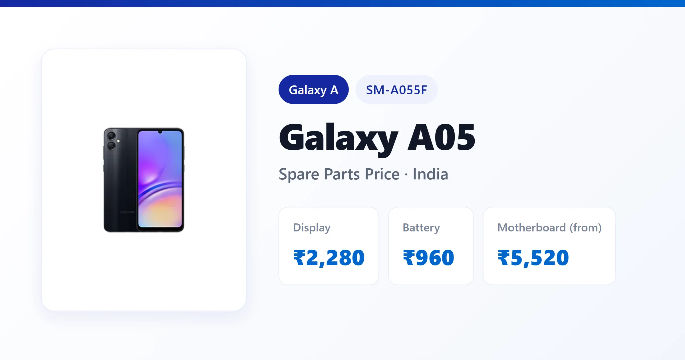 Galaxy A05 (SM-A055F) spare parts price in India — display, battery and motherboard replacement cost
