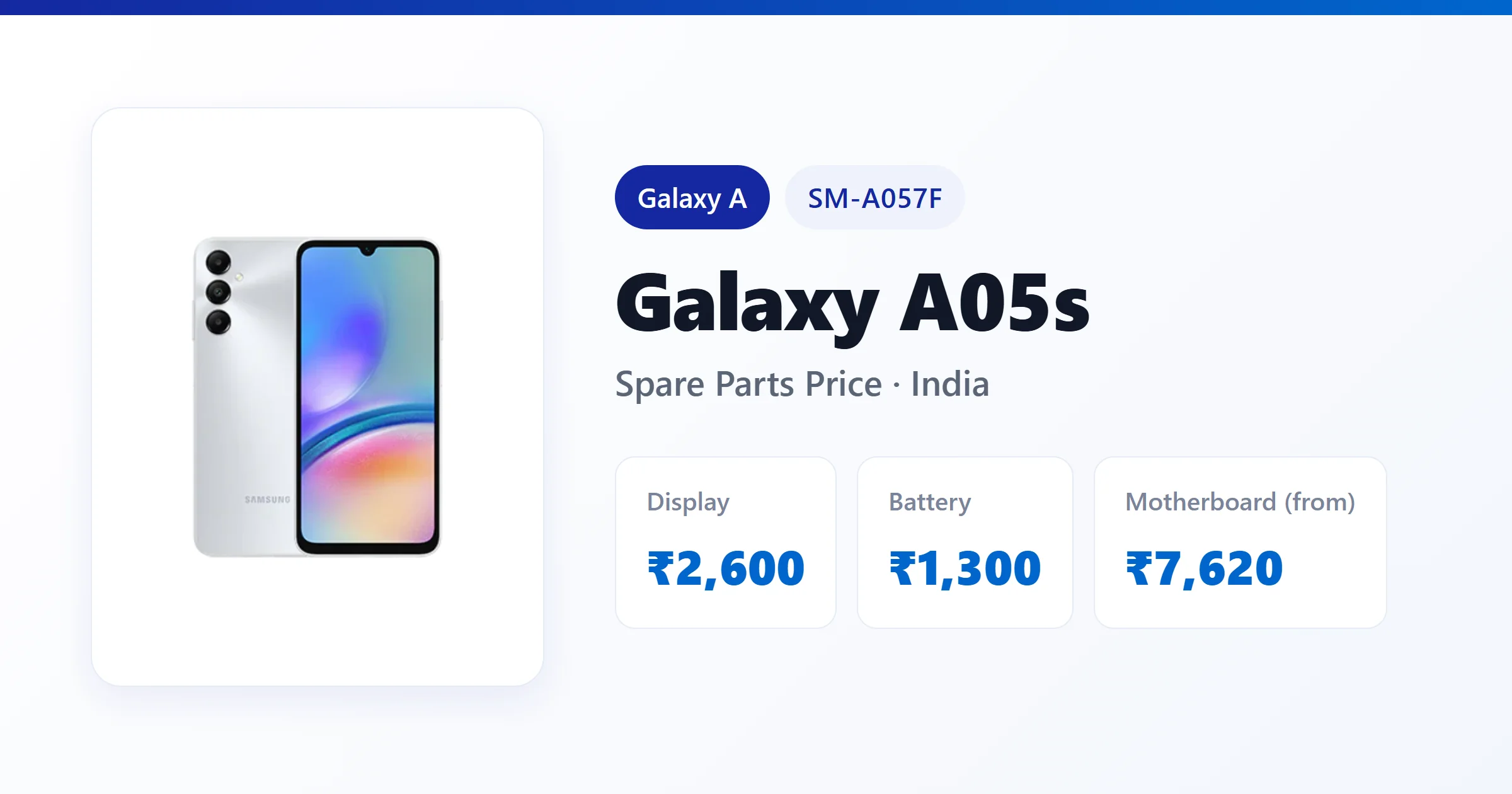 Galaxy A05s (SM-A057F) spare parts price in India — display, battery and motherboard replacement cost