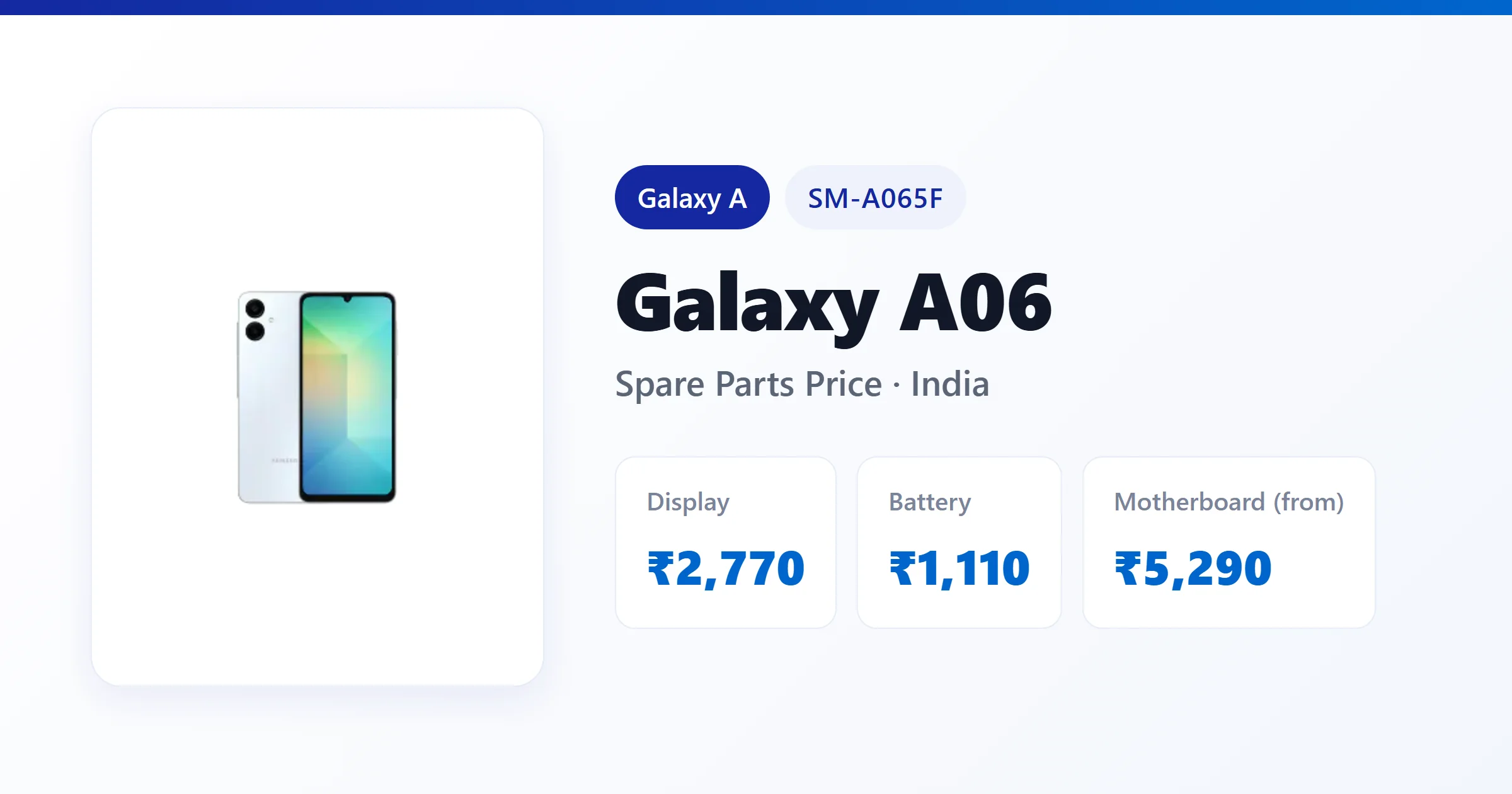 Galaxy A06 (SM-A065F) spare parts price in India — display, battery and motherboard replacement cost