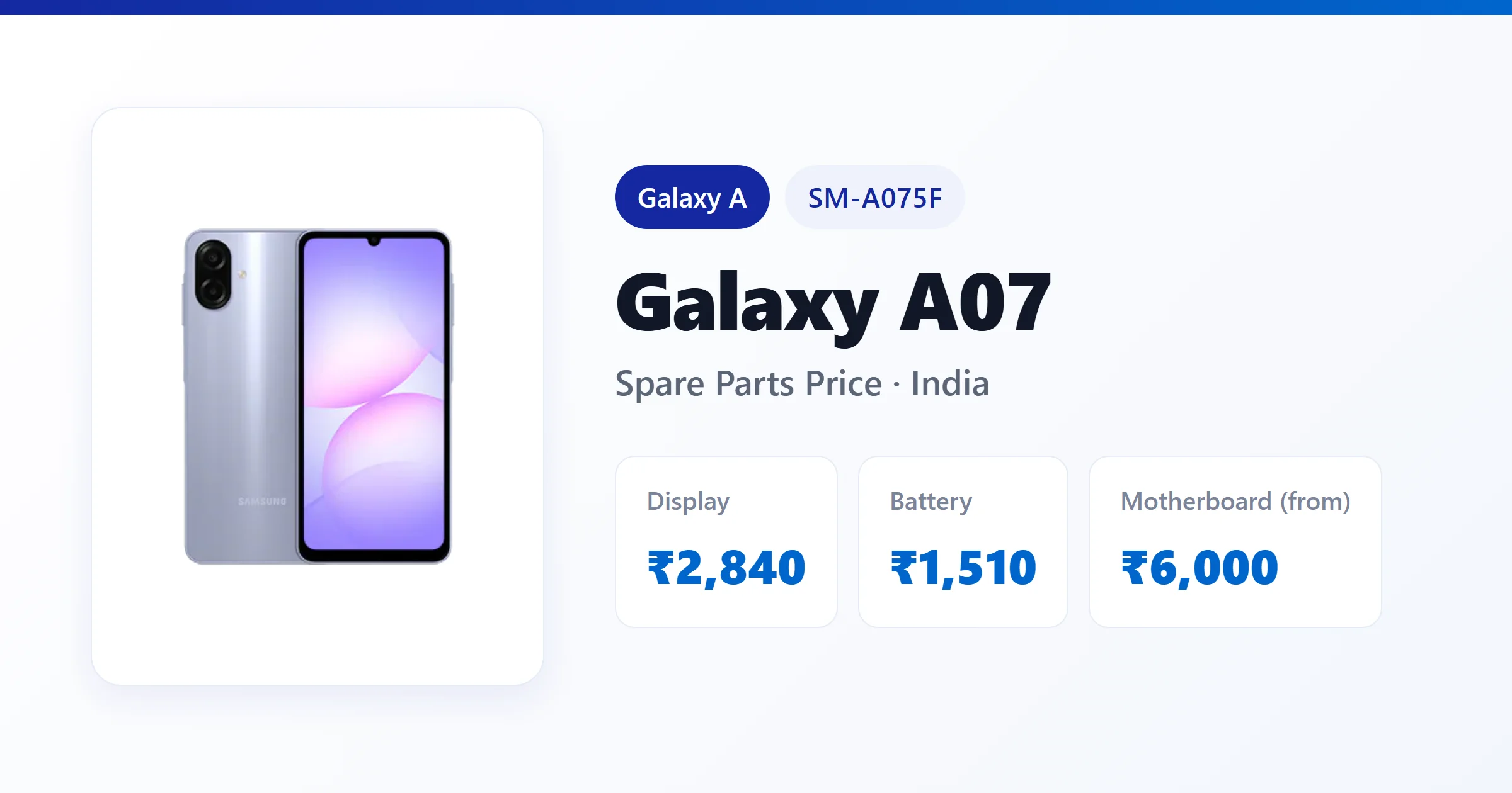 Galaxy A07 (SM-A075F) spare parts price in India — display, battery and motherboard replacement cost
