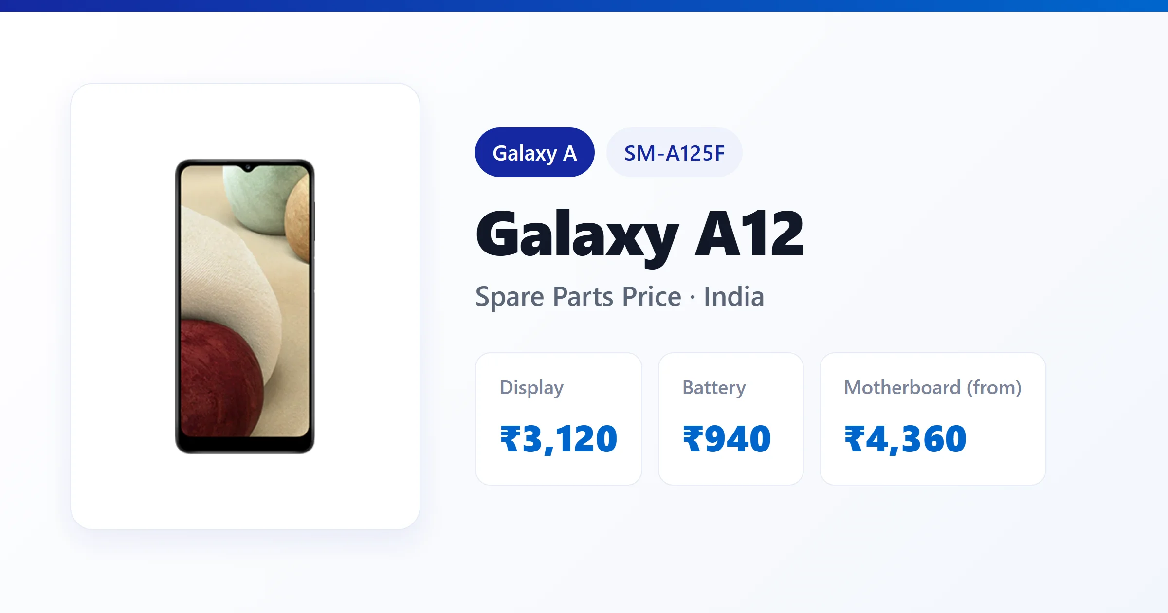 Galaxy A12 (SM-A125F) spare parts price in India — display, battery and motherboard replacement cost