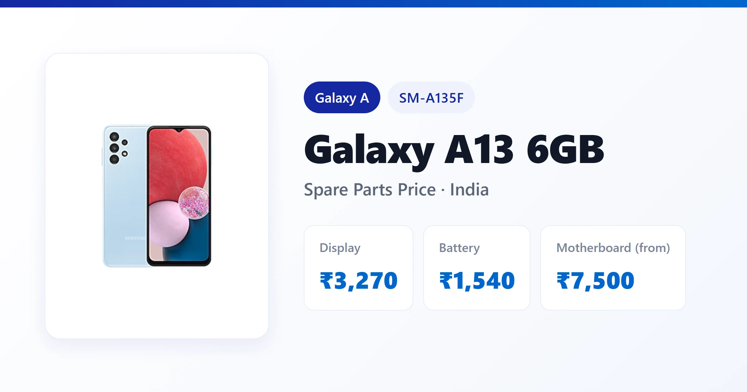 Galaxy A13 6GB (SM-A135F) spare parts price in India — display, battery and motherboard replacement cost