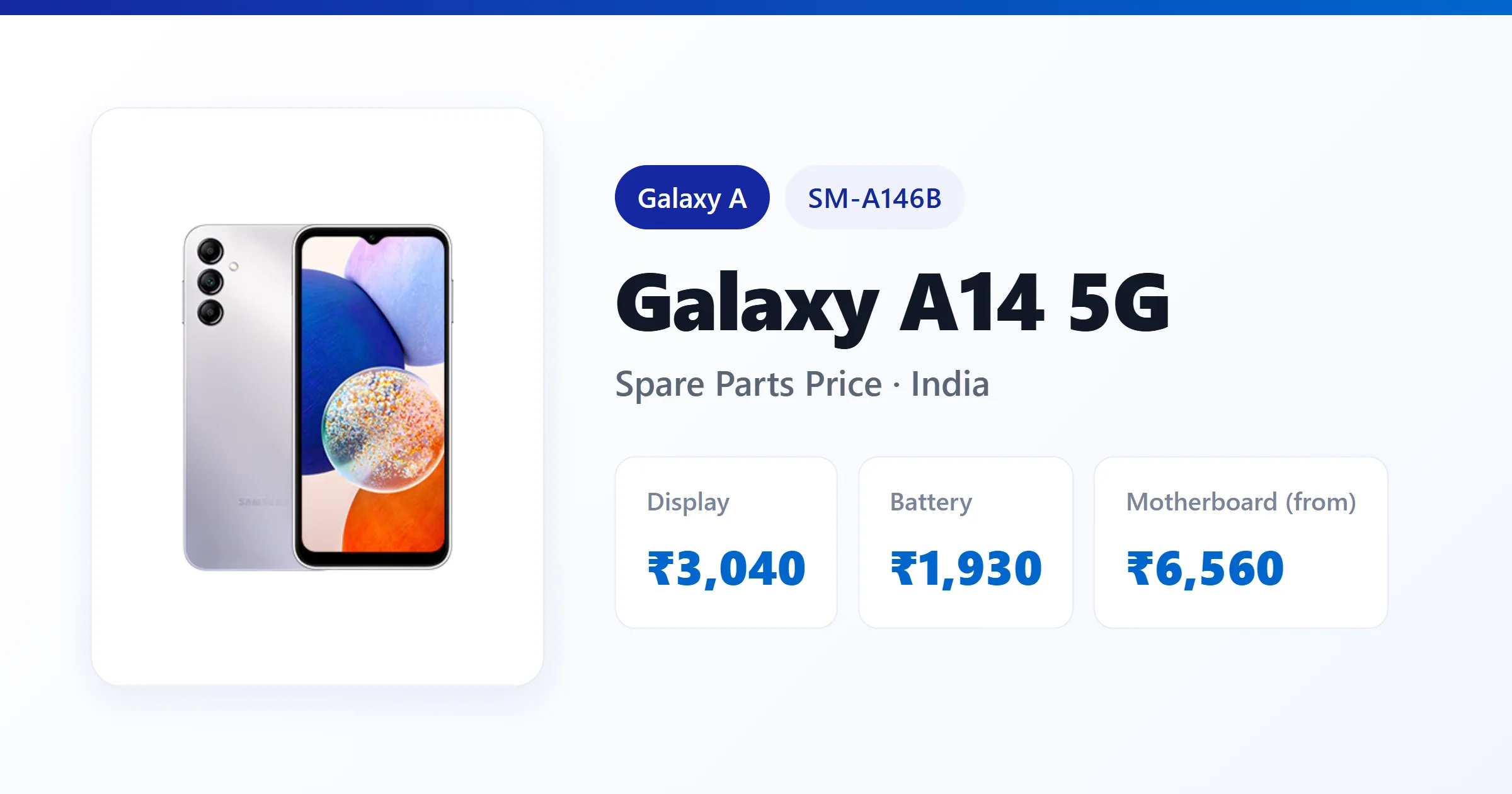 Galaxy A14 5G (SM-A146B) spare parts price in India — display, battery and motherboard replacement cost