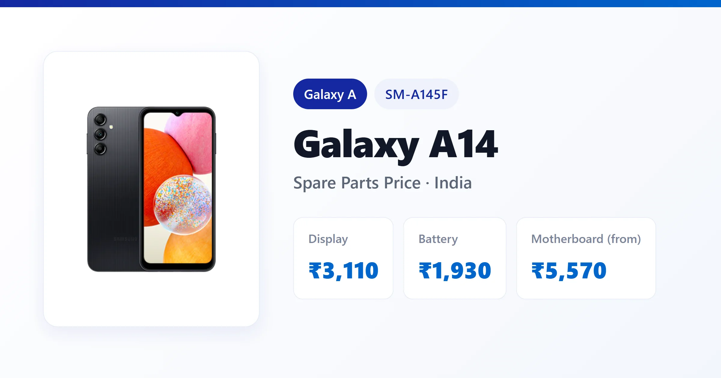 Galaxy A14 (SM-A145F) spare parts price in India — display, battery and motherboard replacement cost