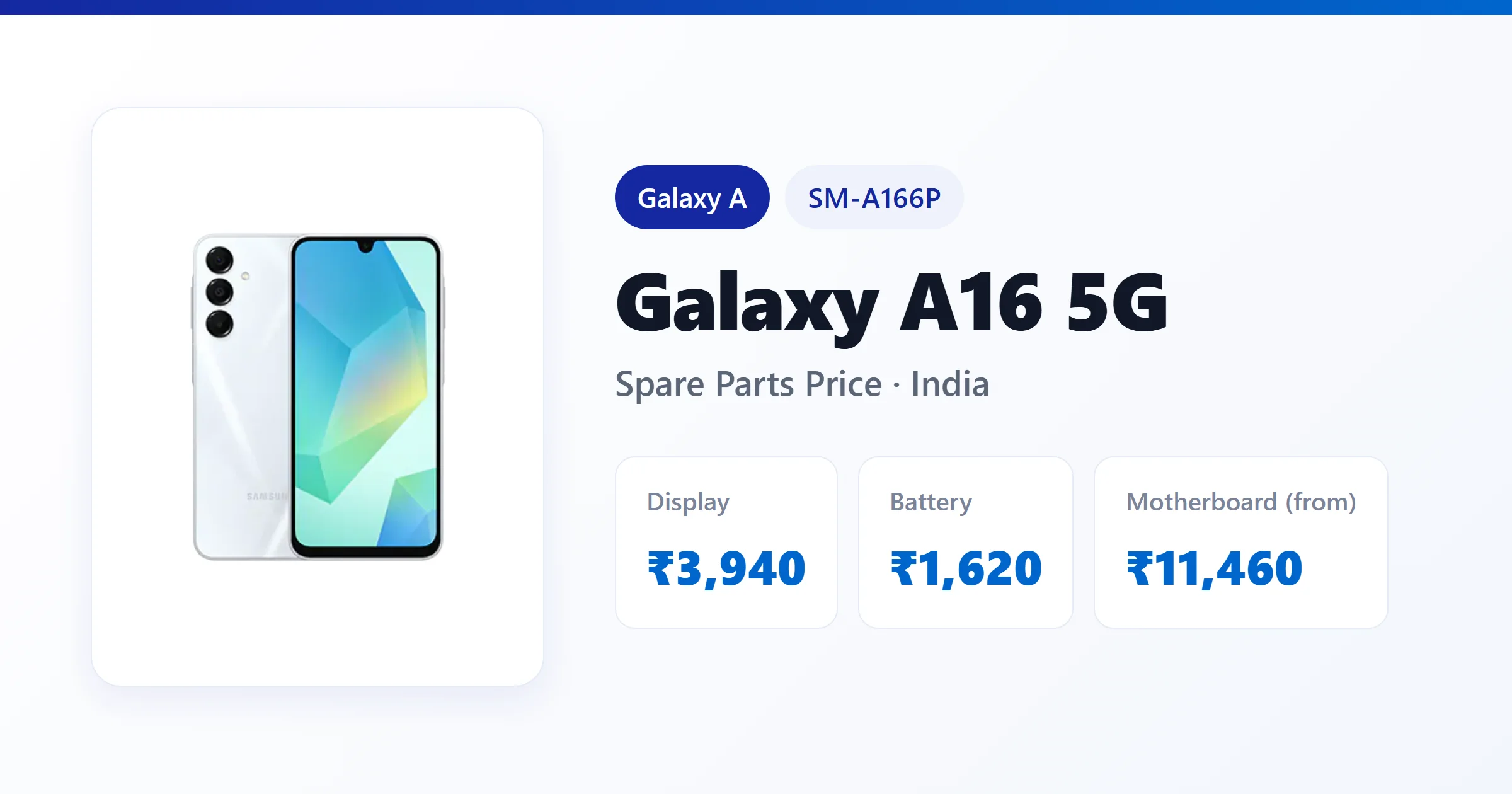 Galaxy A16 5G (SM-A166P) spare parts price in India — display, battery and motherboard replacement cost