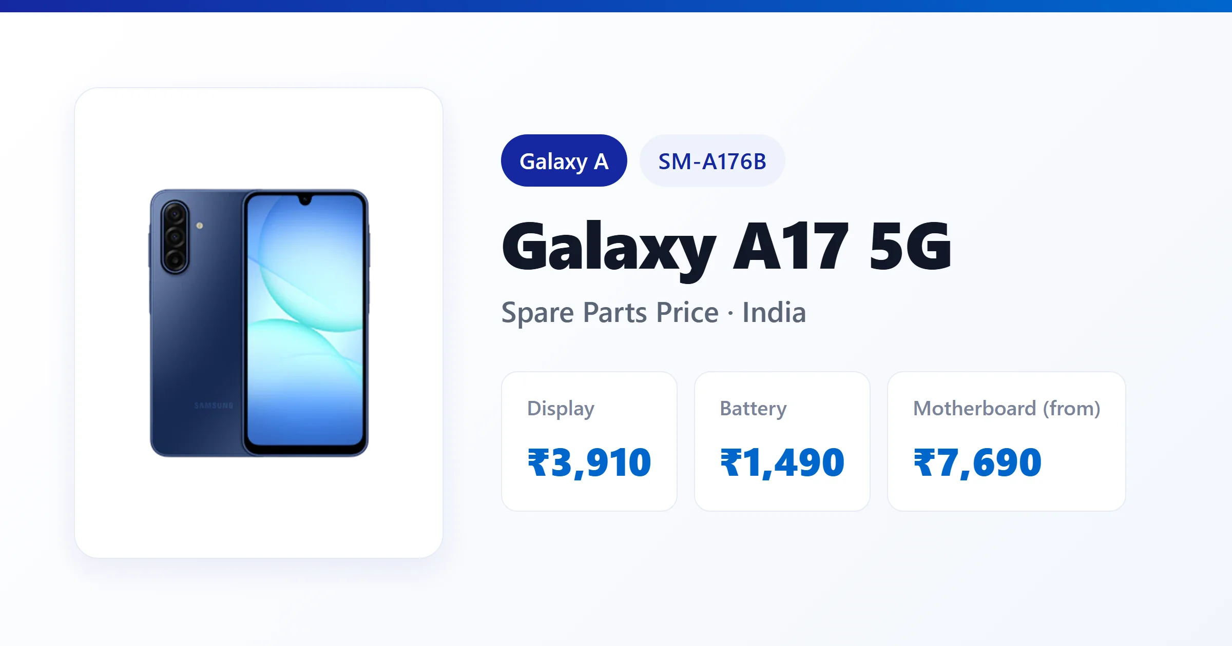 Galaxy A17 5G (SM-A176B) spare parts price in India — display, battery and motherboard replacement cost