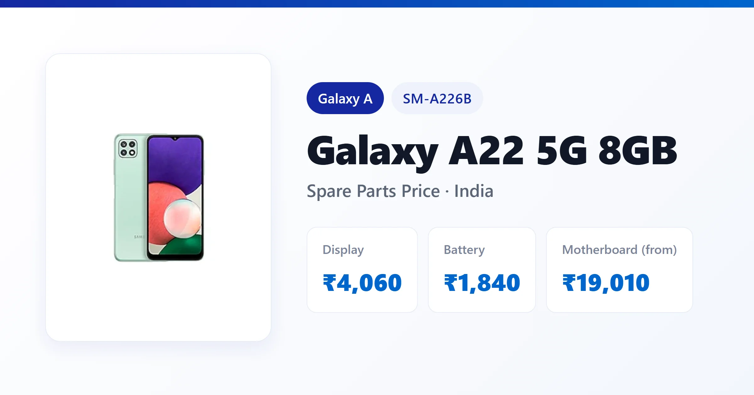 Galaxy A22 5G 8GB (SM-A226B) spare parts price in India — display, battery and motherboard replacement cost