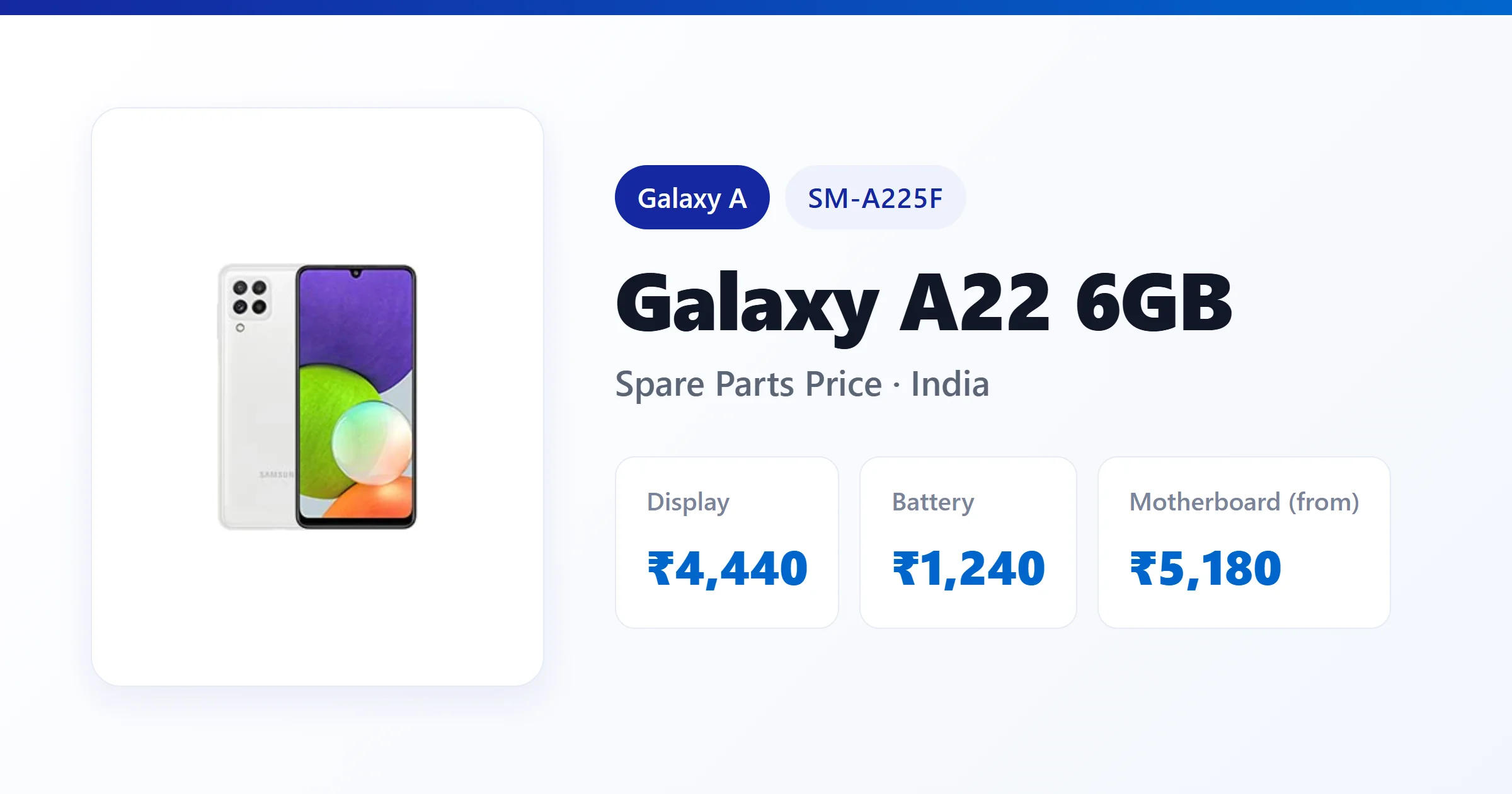 Galaxy A22 6GB (SM-A225F) spare parts price in India — display, battery and motherboard replacement cost