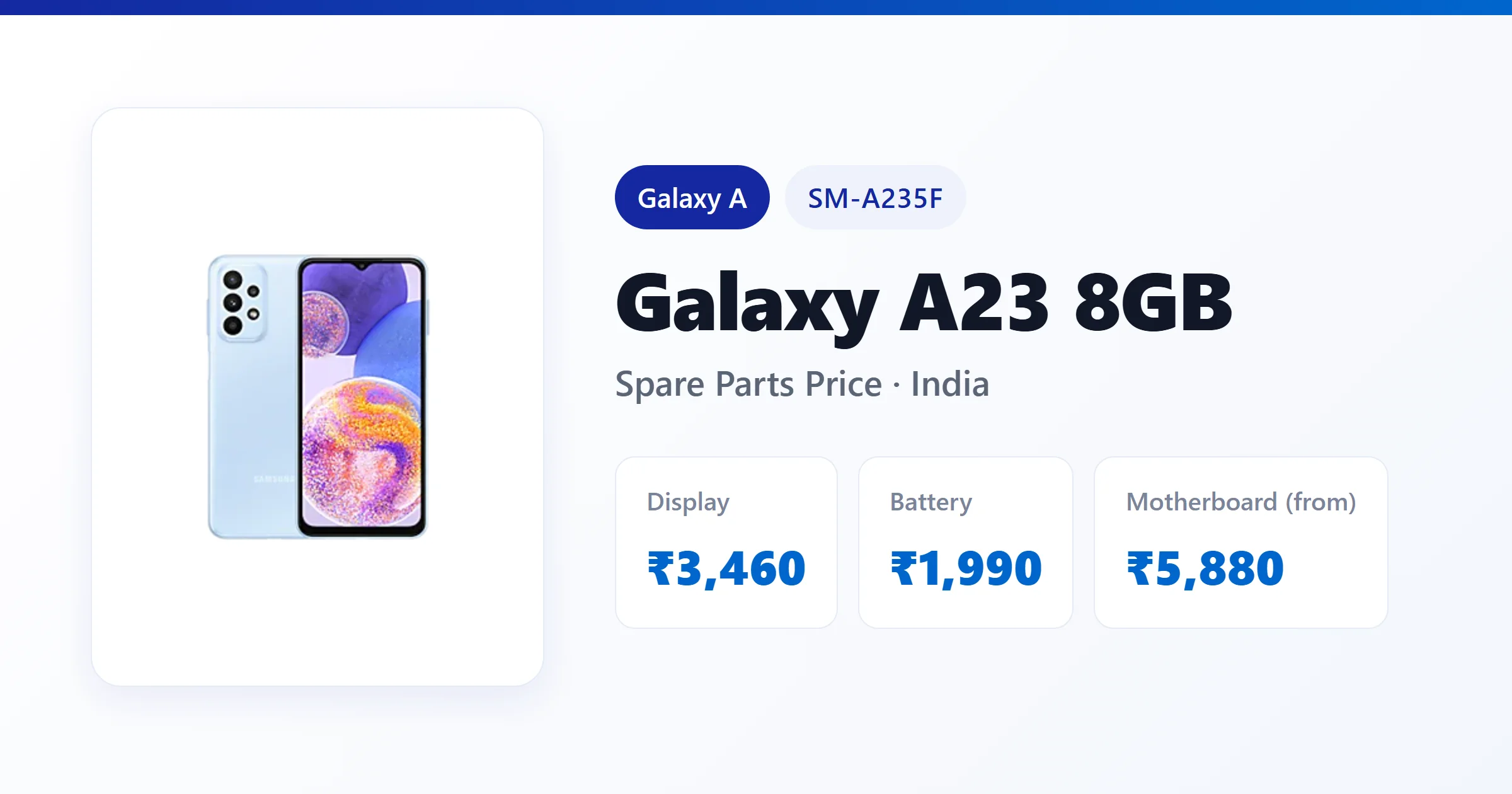 Galaxy A23 8GB (SM-A235F) spare parts price in India — display, battery and motherboard replacement cost