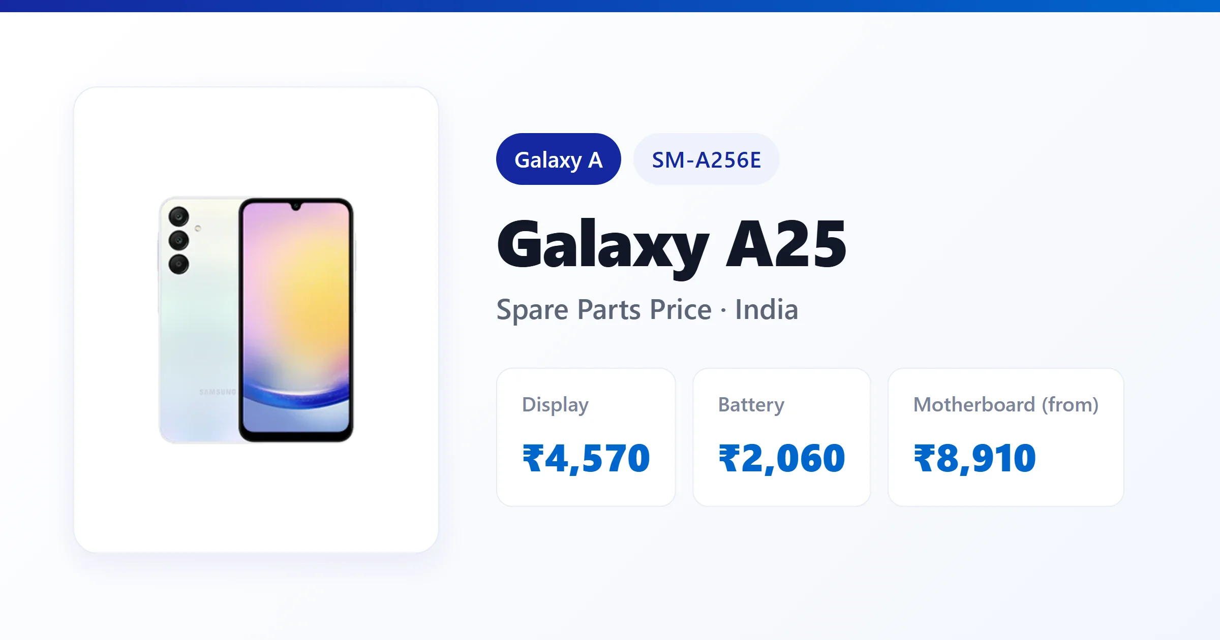 Galaxy A25 (SM-A256E) spare parts price in India — display, battery and motherboard replacement cost