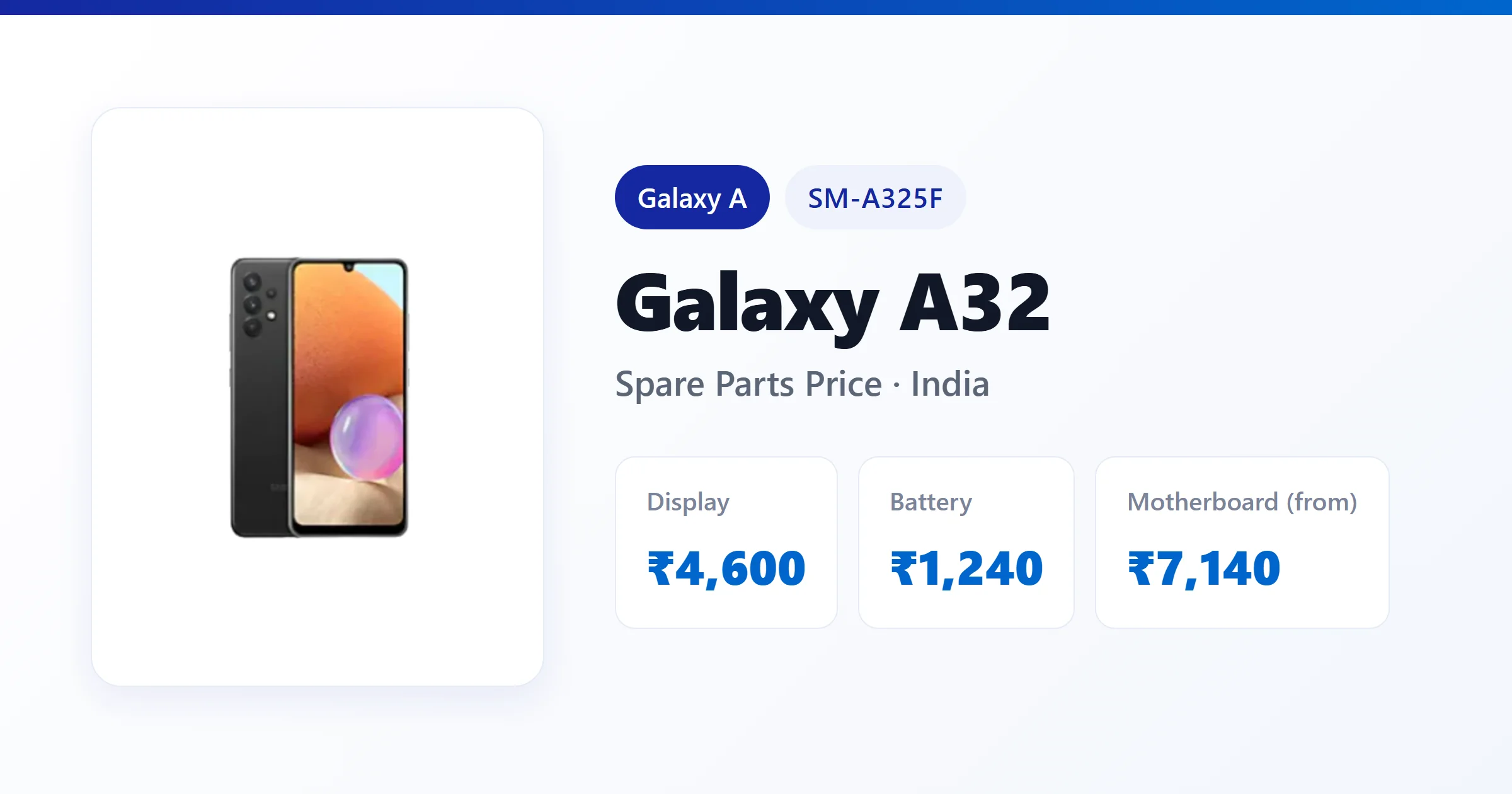 Galaxy A32 (SM-A325F) spare parts price in India — display, battery and motherboard replacement cost