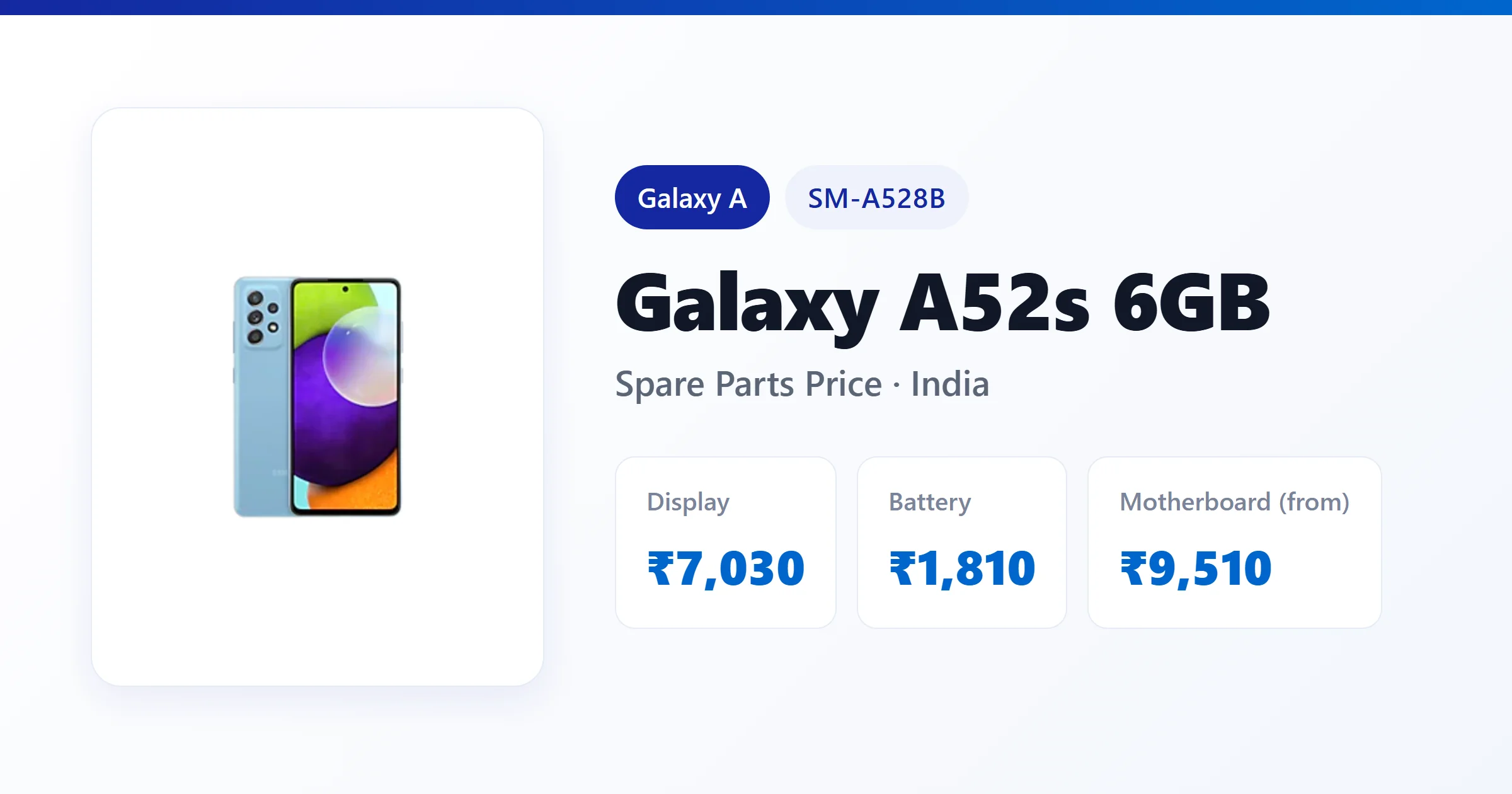 Galaxy A52s 6GB (SM-A528B) spare parts price in India — display, battery and motherboard replacement cost