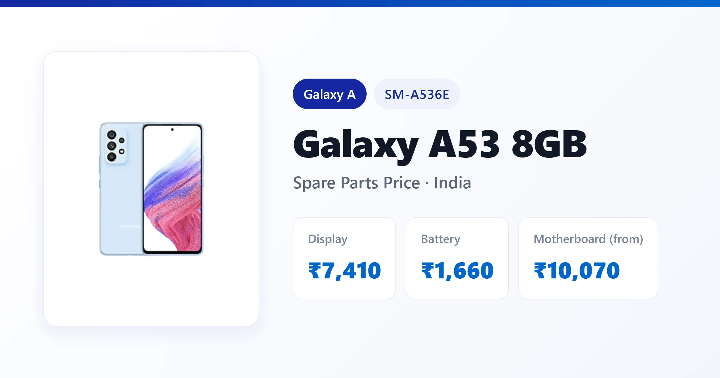 Galaxy A53 8GB (SM-A536E) spare parts price in India — display, battery and motherboard replacement cost