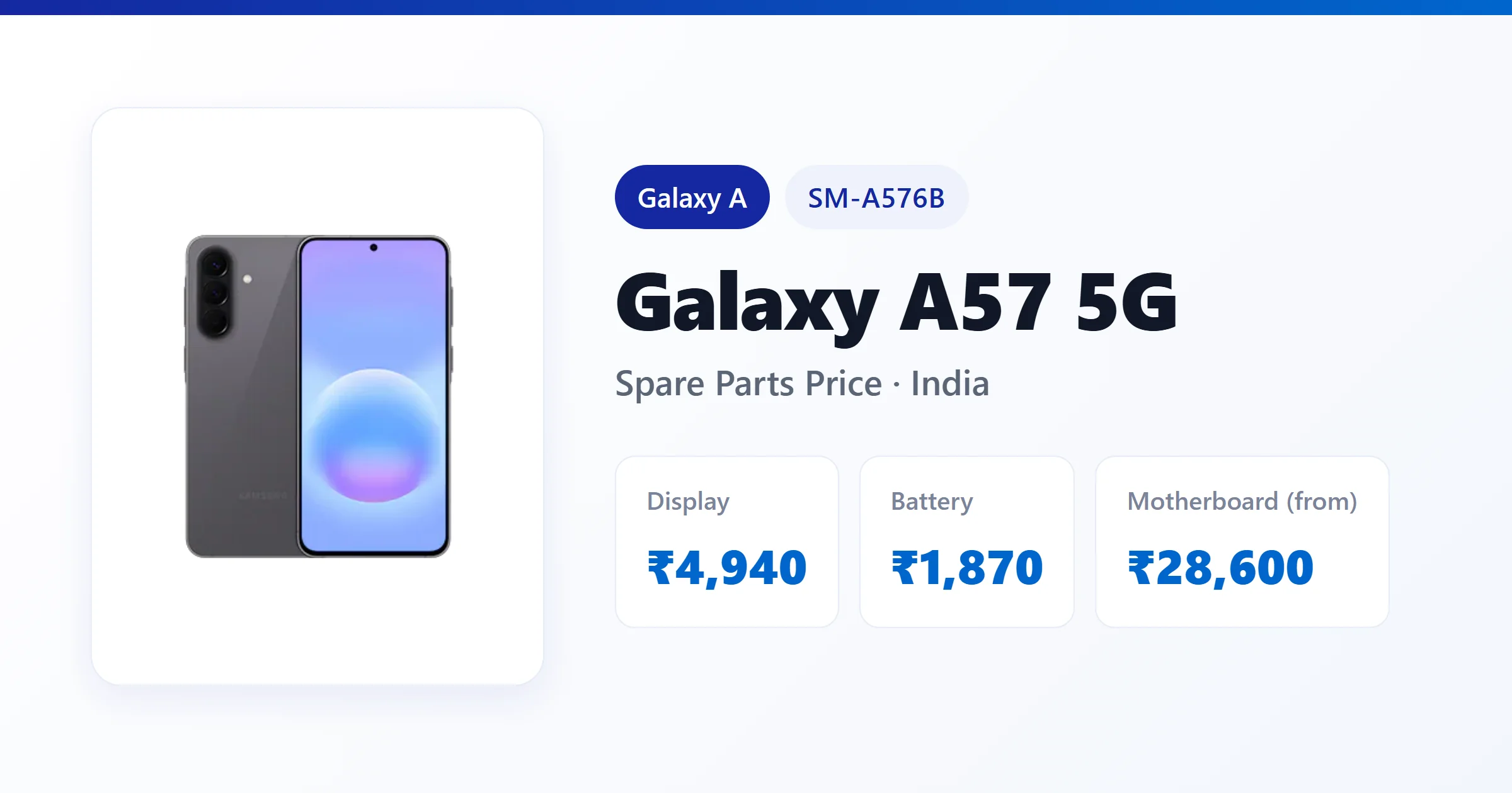 Galaxy A57 5G (SM-A576B) spare parts price in India — display, battery and motherboard replacement cost