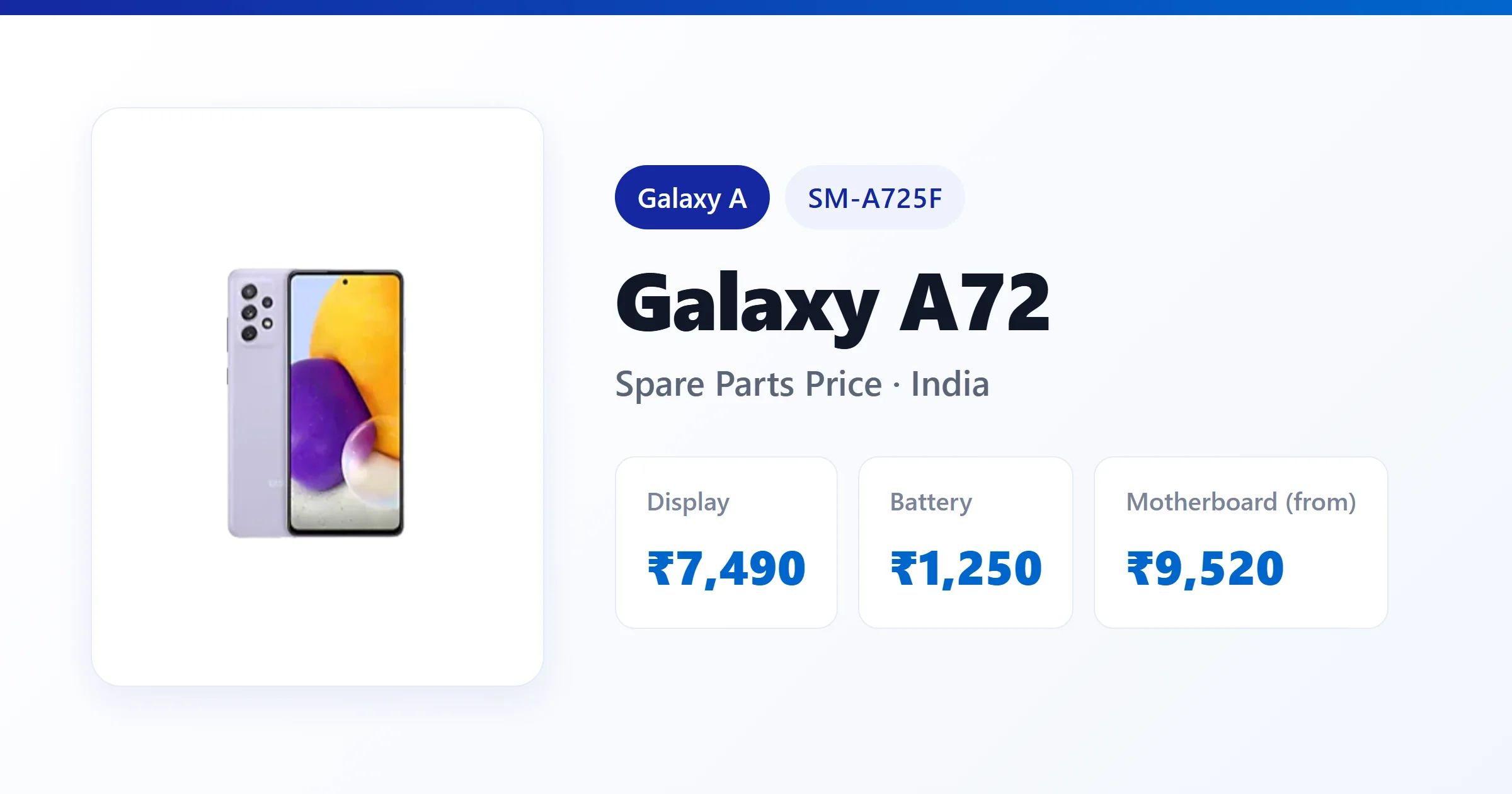 Galaxy A72 (SM-A725F) spare parts price in India — display, battery and motherboard replacement cost