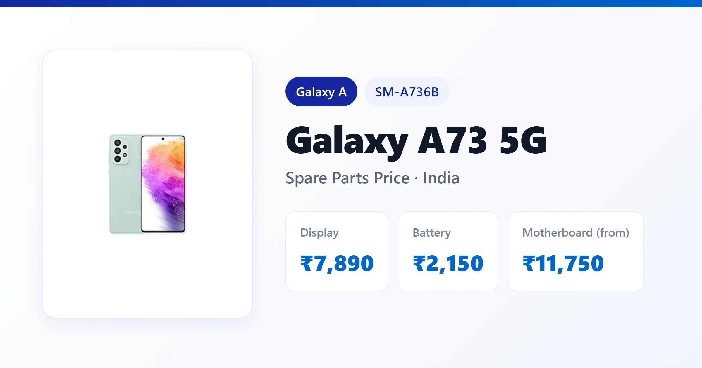 Galaxy A73 5G (SM-A736B) spare parts price in India — display, battery and motherboard replacement cost