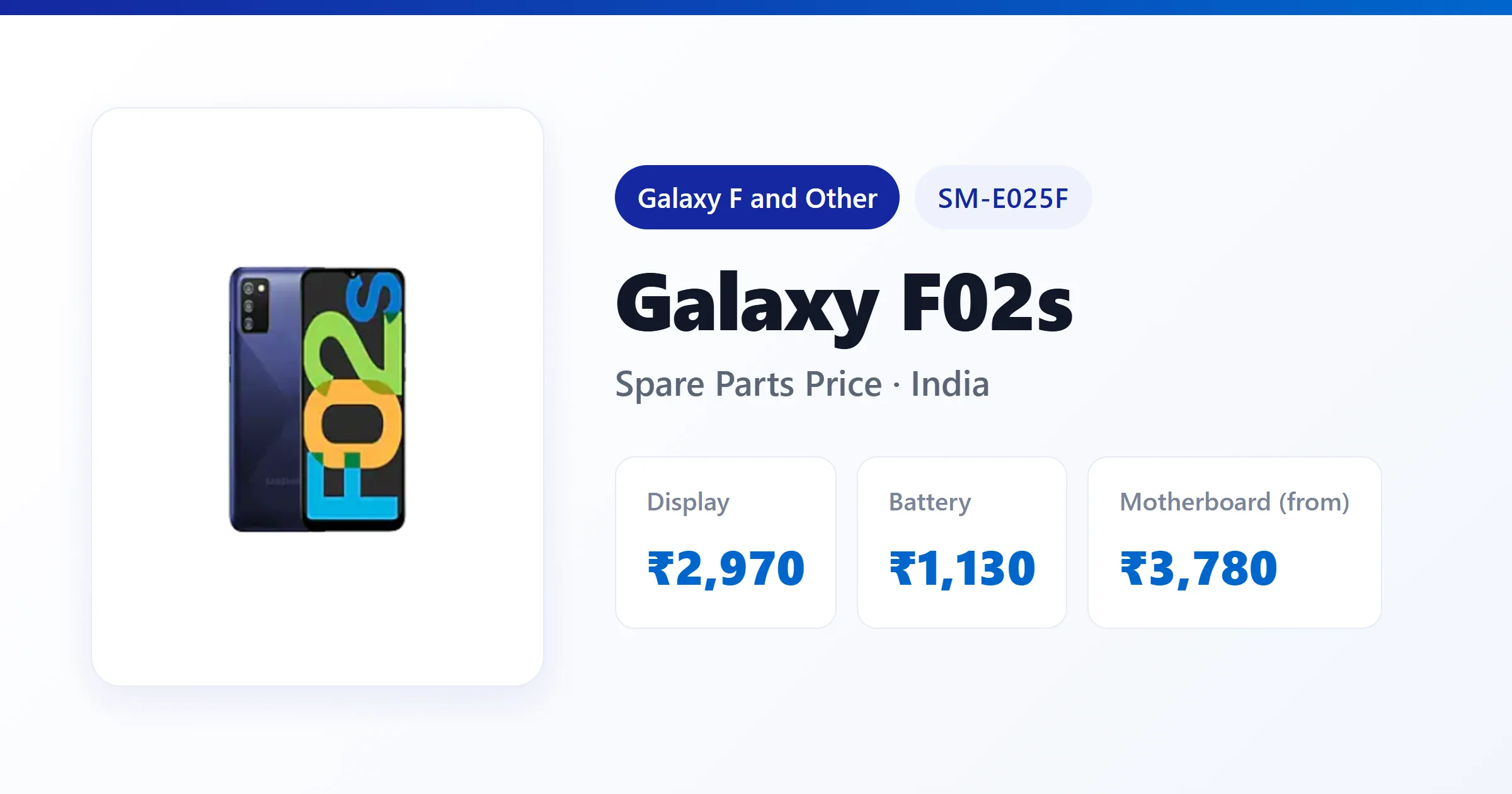 Galaxy F02s (SM-E025F) spare parts price in India — display, battery and motherboard replacement cost
