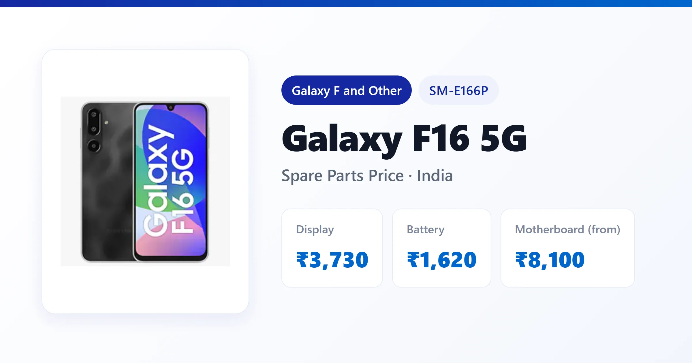 Galaxy F16 5G (SM-E166P) spare parts price in India — display, battery and motherboard replacement cost