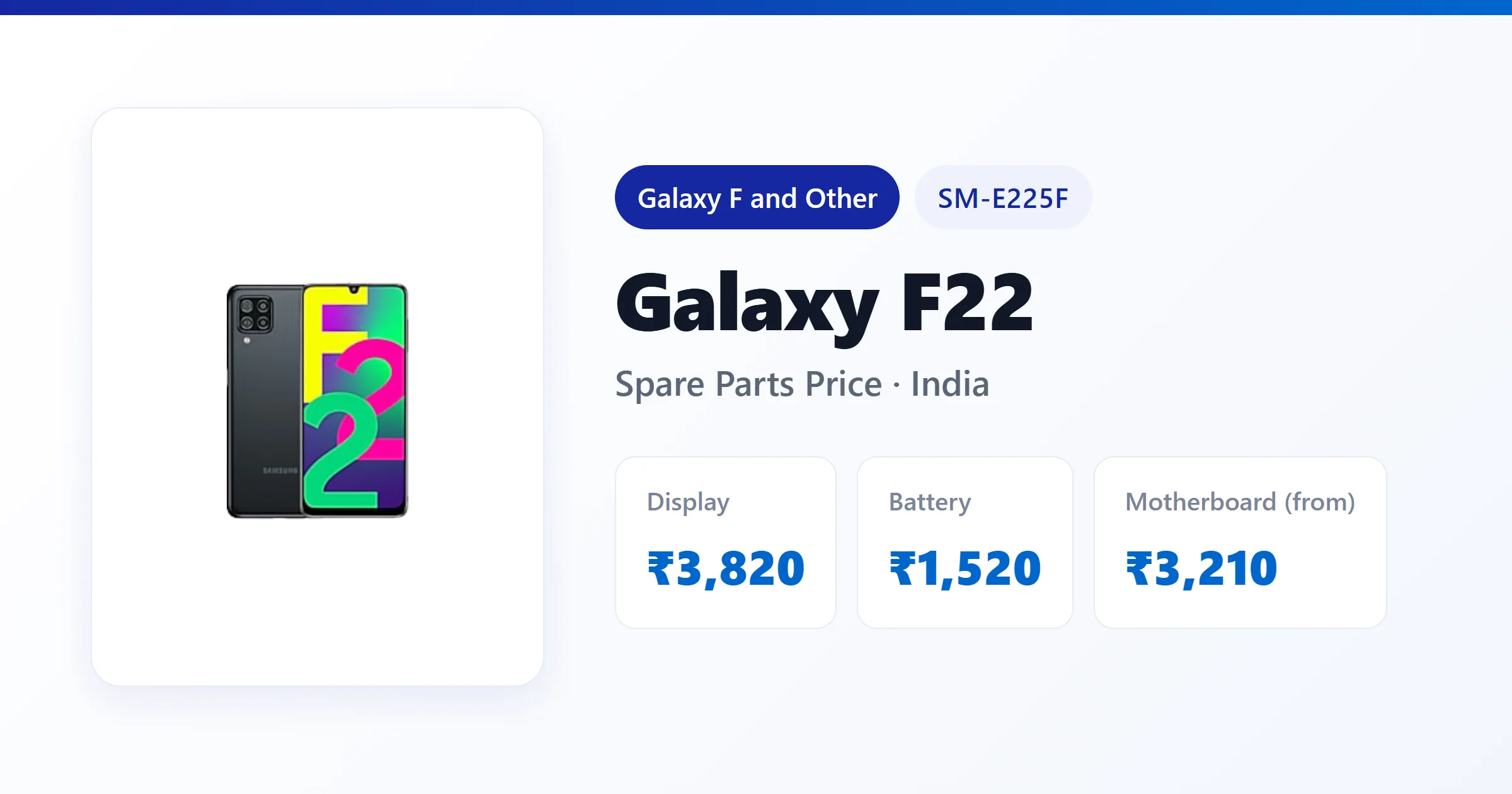 Galaxy F22 (SM-E225F) spare parts price in India — display, battery and motherboard replacement cost