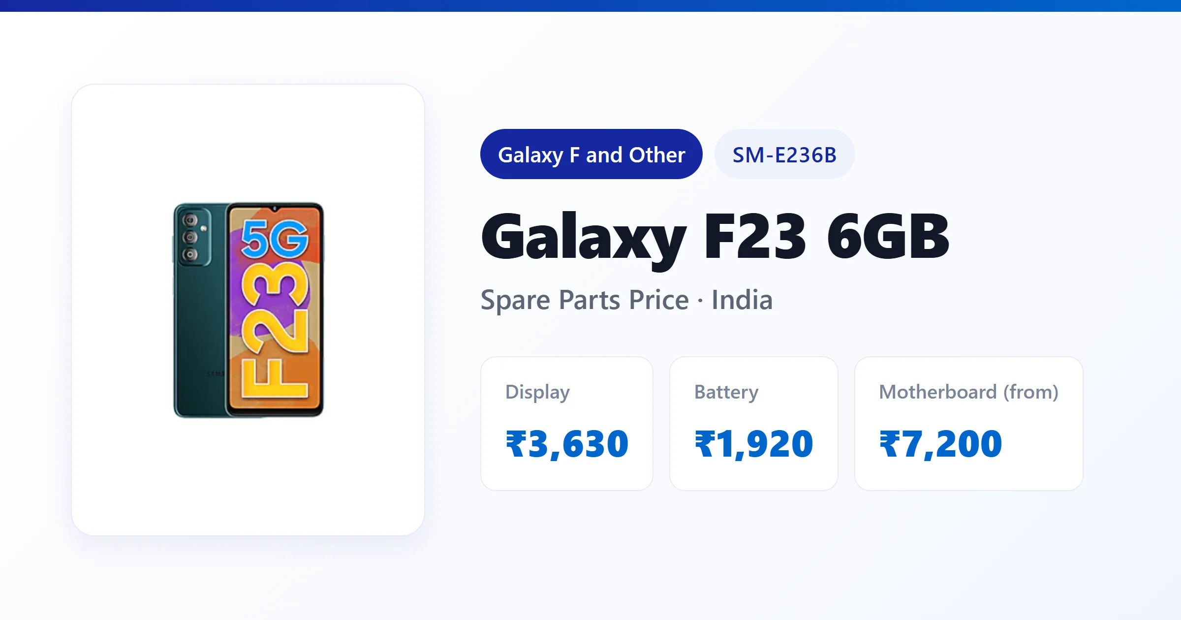 Galaxy F23 6GB (SM-E236B) spare parts price in India — display, battery and motherboard replacement cost