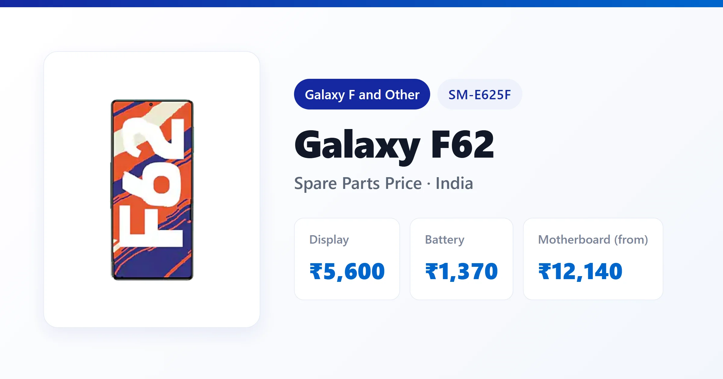 Galaxy F62 (SM-E625F) spare parts price in India — display, battery and motherboard replacement cost