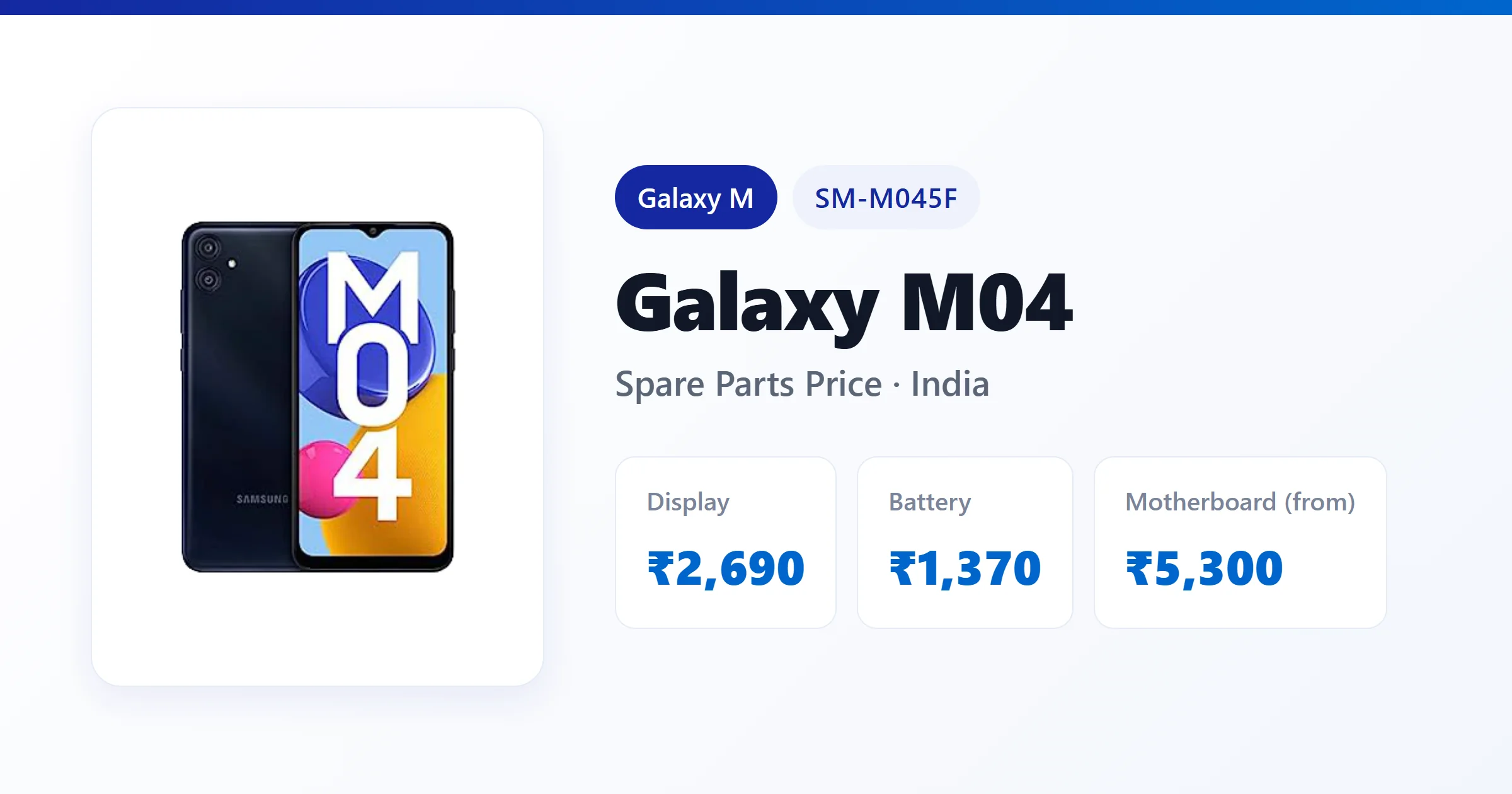 Galaxy M04 (SM-M045F) spare parts price in India — display, battery and motherboard replacement cost