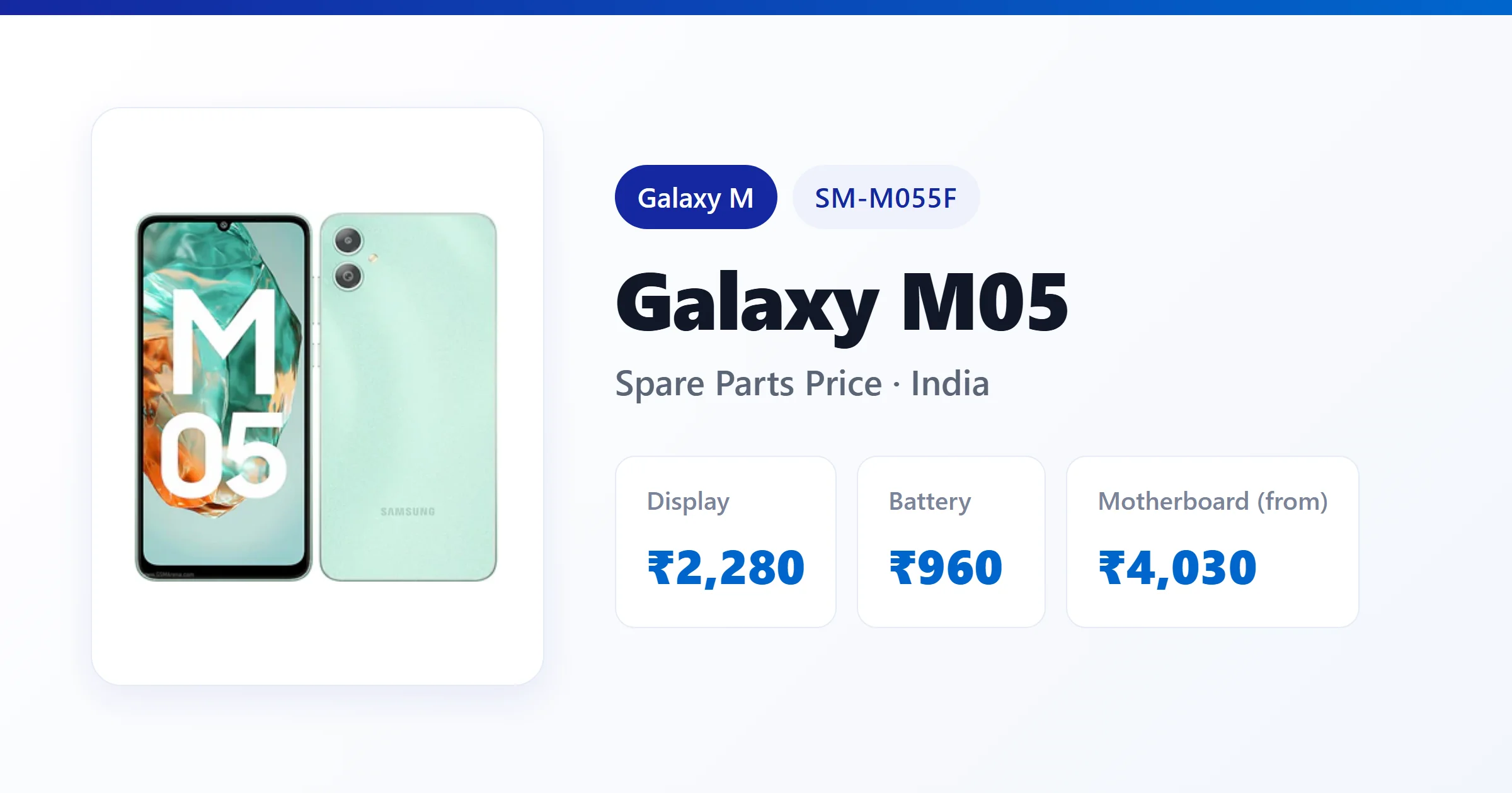 Galaxy M05 (SM-M055F) spare parts price in India — display, battery and motherboard replacement cost