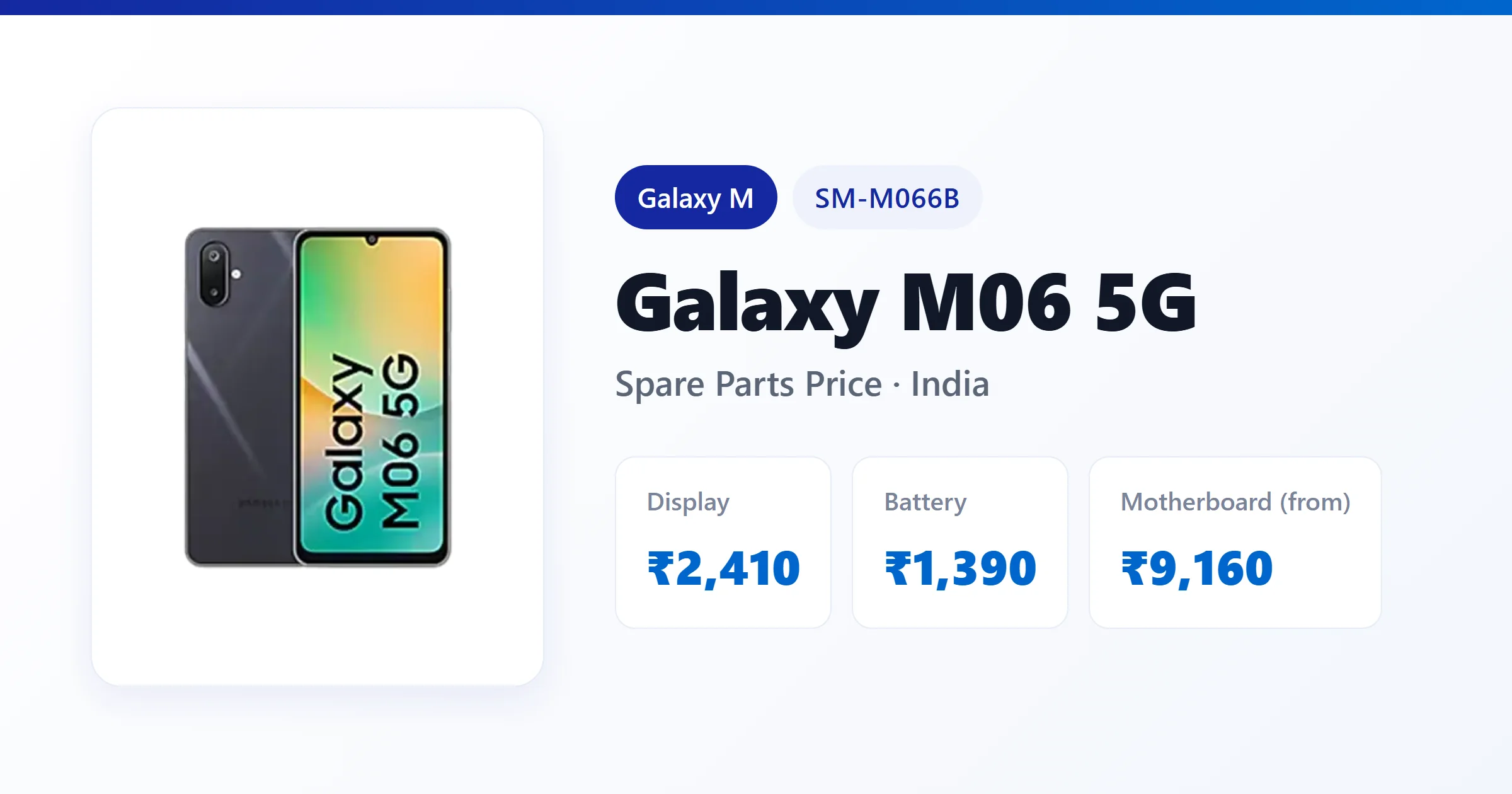 Galaxy M06 5G (SM-M066B) spare parts price in India — display, battery and motherboard replacement cost