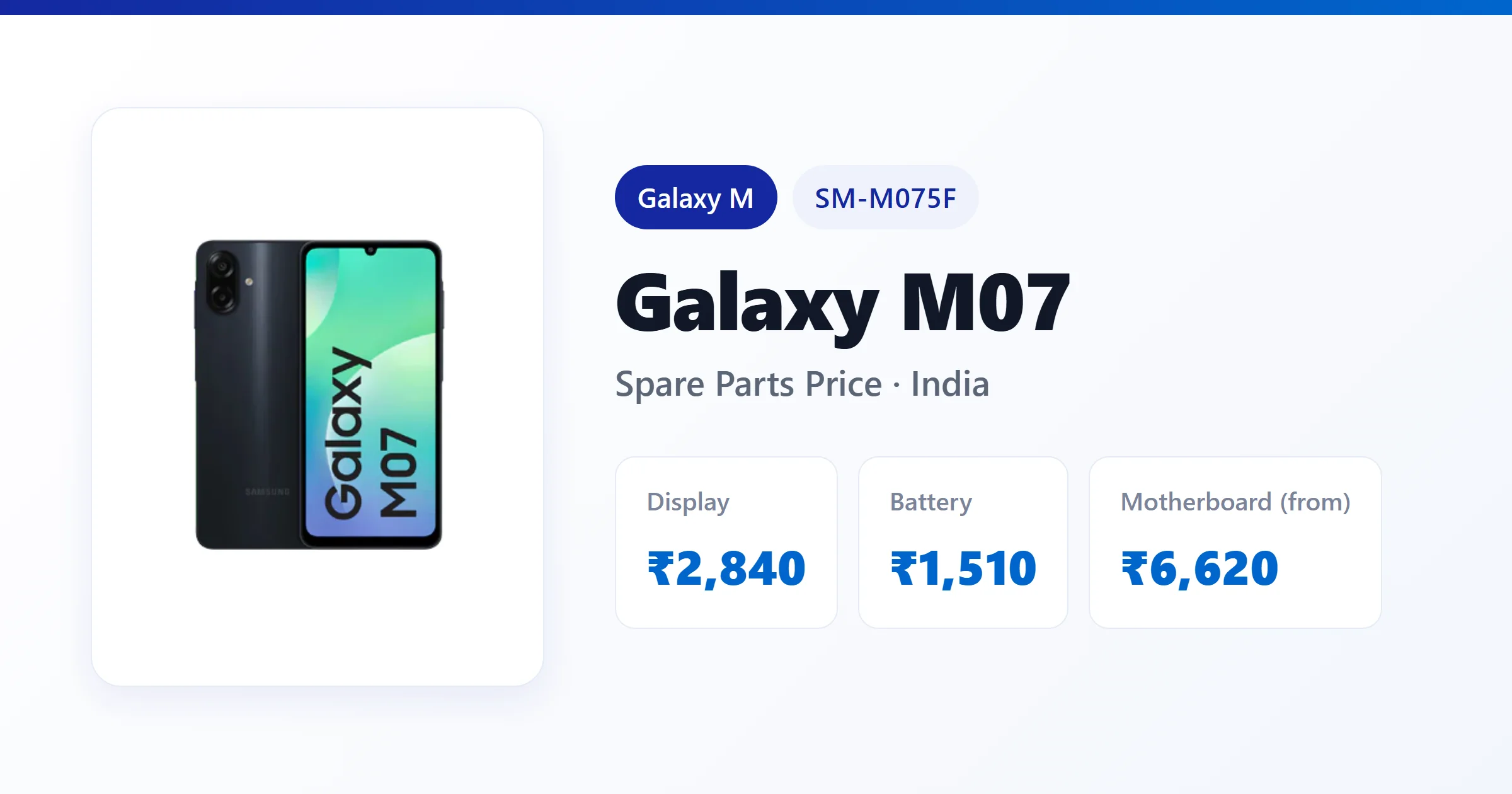 Galaxy M07 (SM-M075F) spare parts price in India — display, battery and motherboard replacement cost