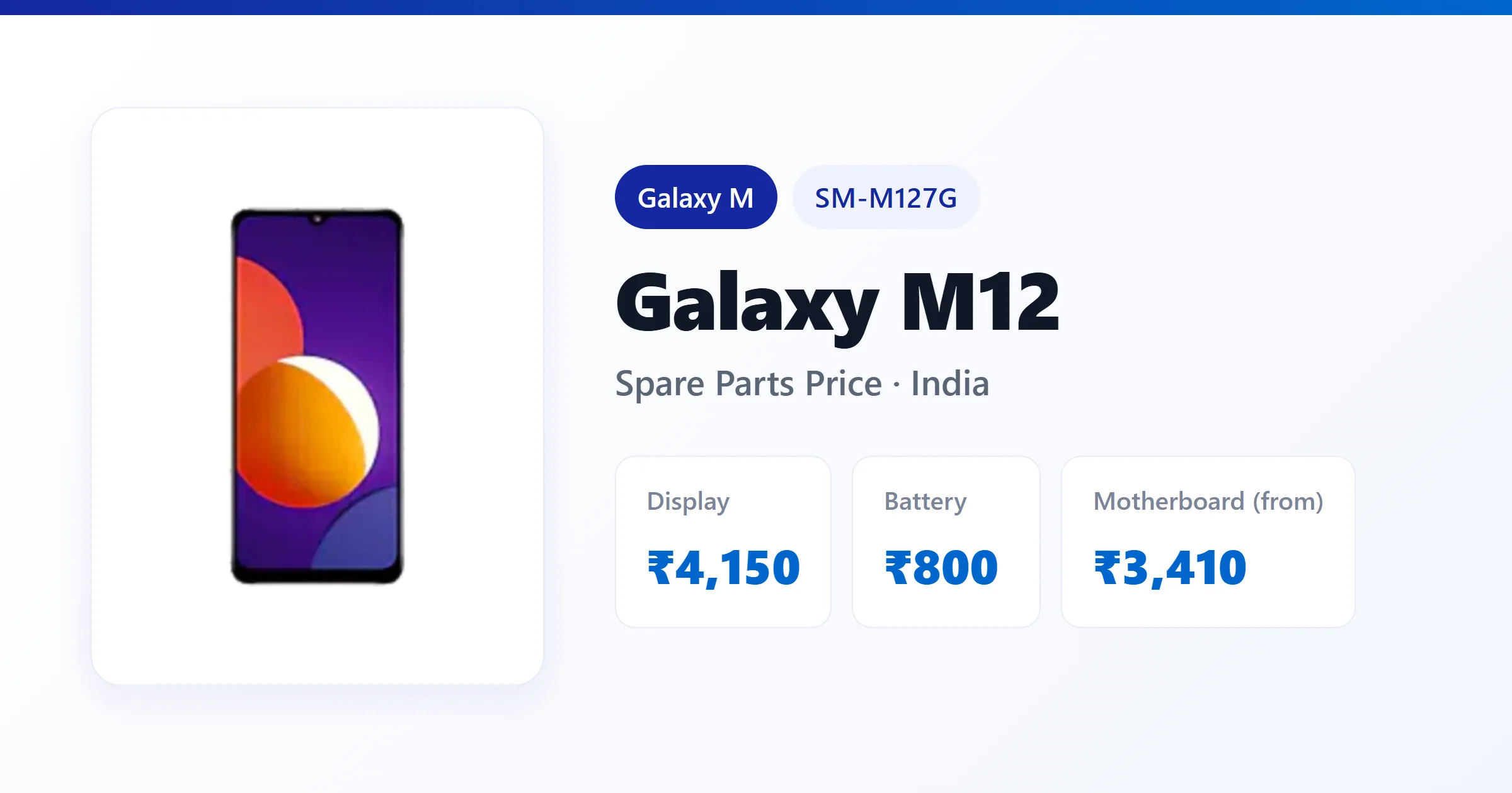 Galaxy M12 (SM-M127G) spare parts price in India — display, battery and motherboard replacement cost