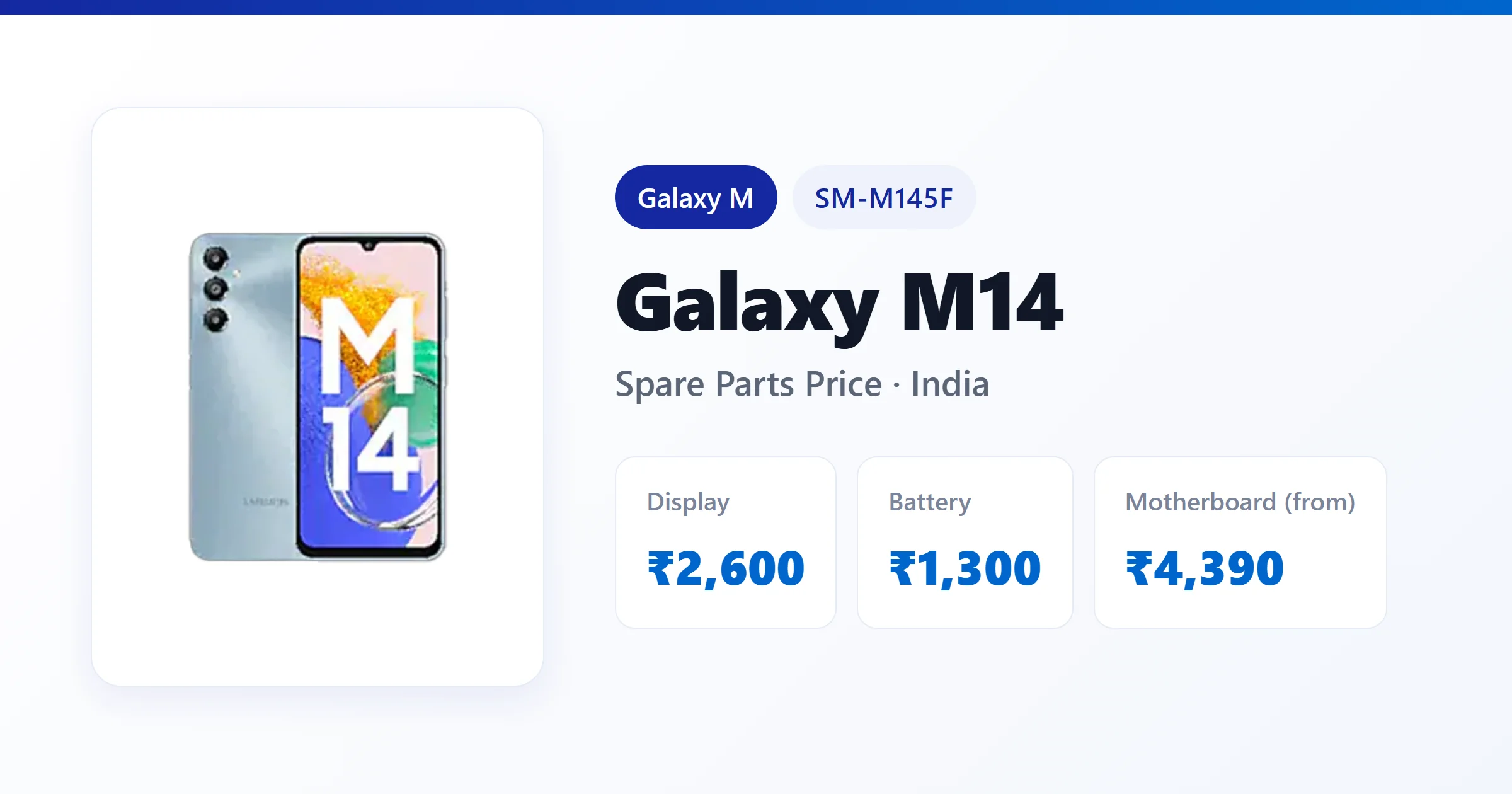 Galaxy M14 (SM-M145F) spare parts price in India — display, battery and motherboard replacement cost