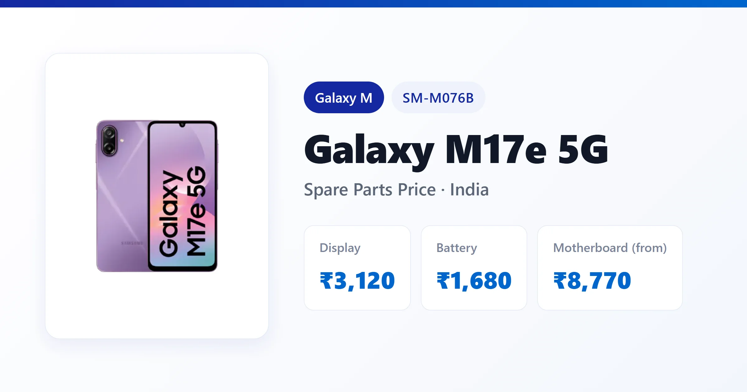 Galaxy M17e 5G (SM-M076B) spare parts price in India — display, battery and motherboard replacement cost