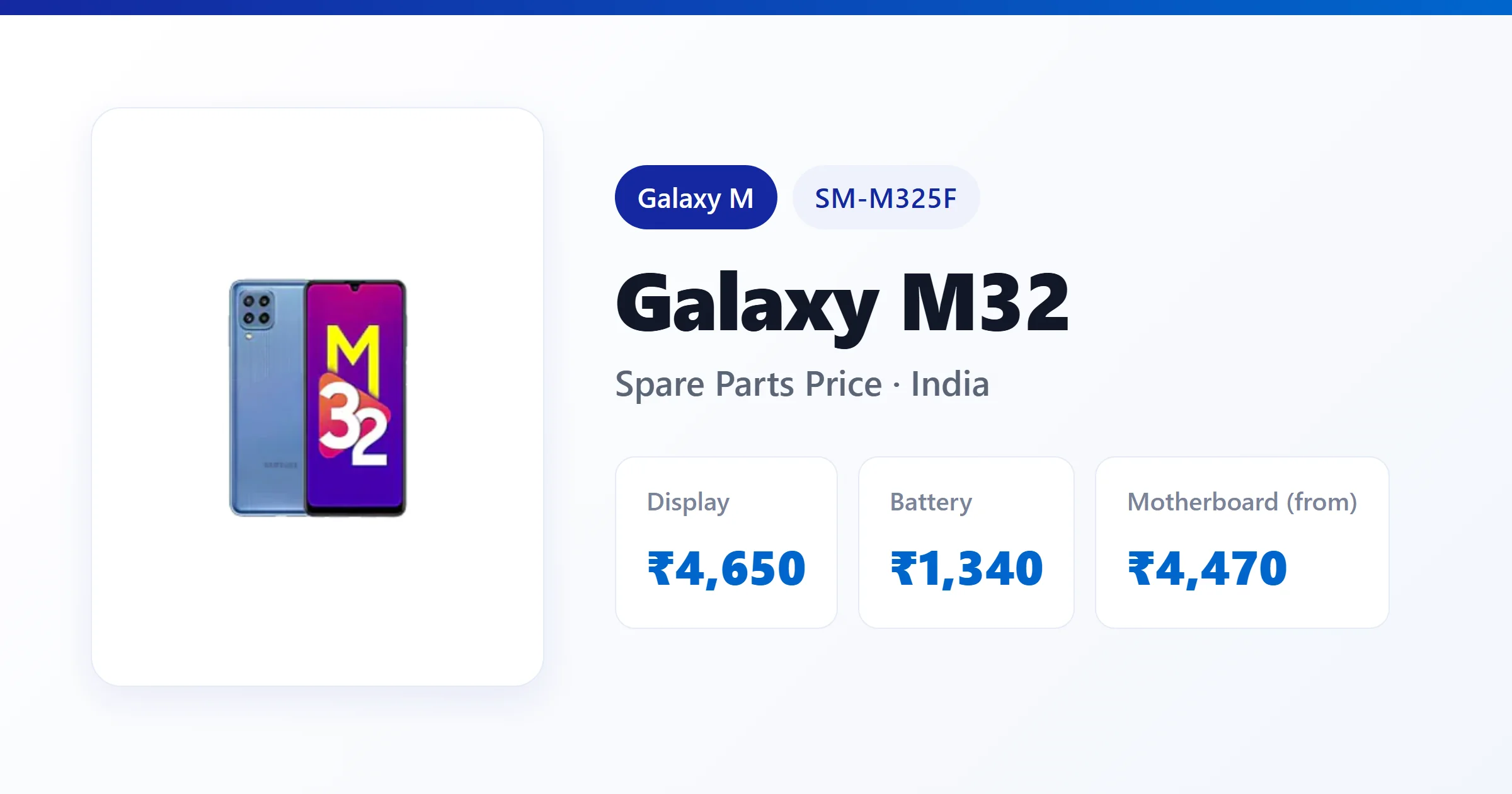 Galaxy M32 (SM-M325F) spare parts price in India — display, battery and motherboard replacement cost