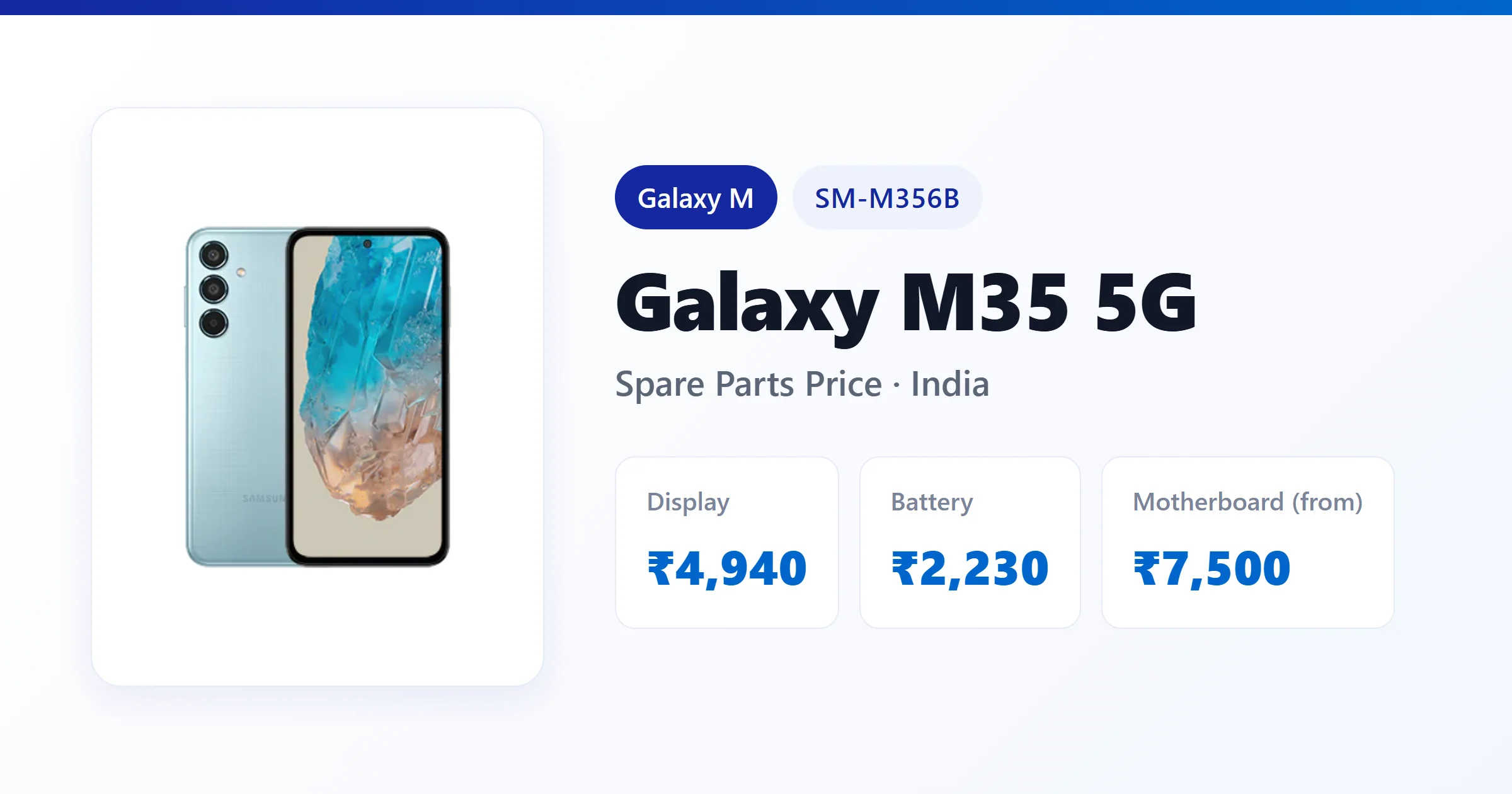Galaxy M35 5G (SM-M356B) spare parts price in India — display, battery and motherboard replacement cost