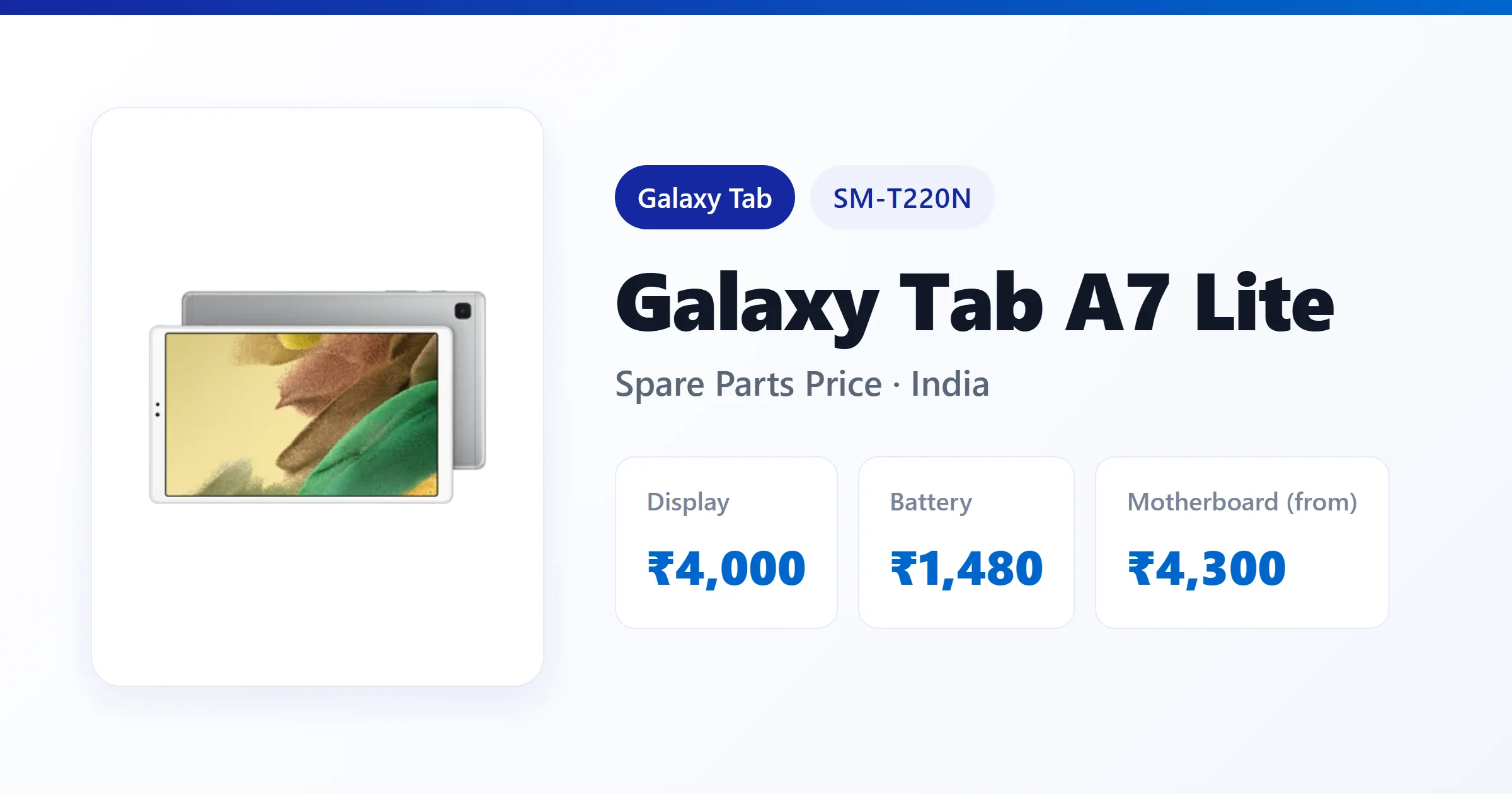 Galaxy Tab A7 Lite (SM-T220N) spare parts price in India — display, battery and motherboard replacement cost